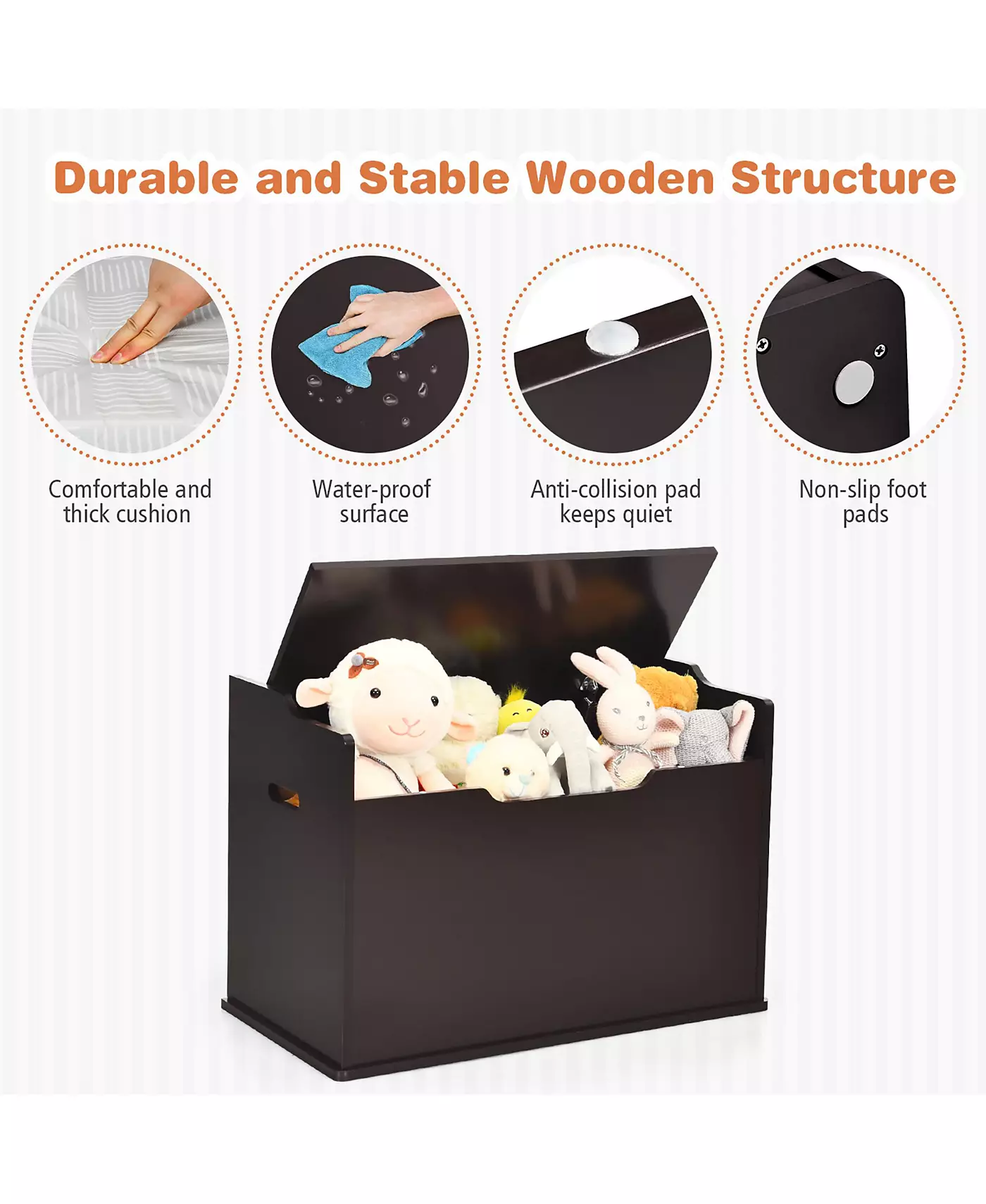 Ящик для игрушек для малышей Costway, деревянный, откидной, скамейка для хранения вещей с подушкой и предохранительным шарниром