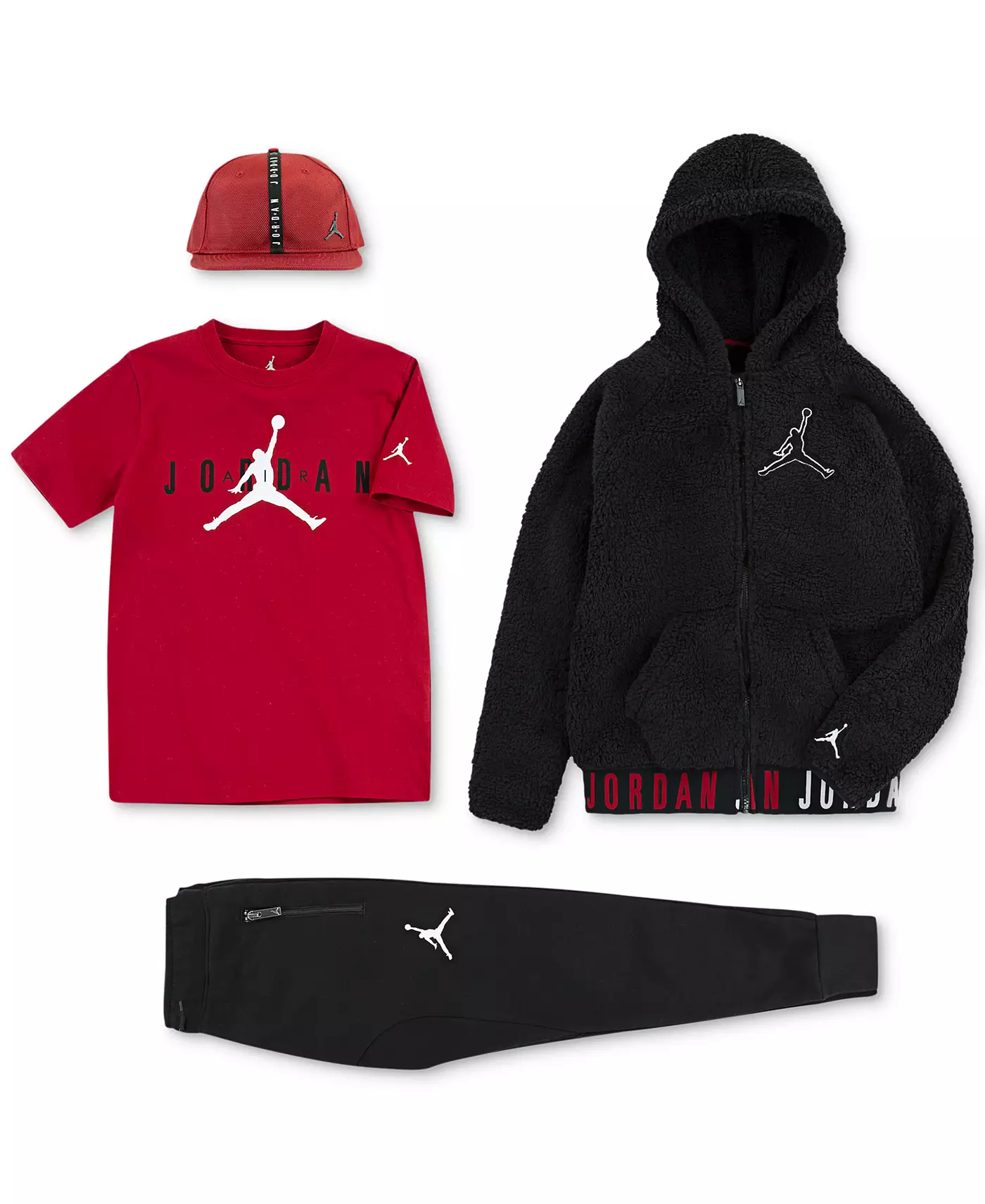 Кепка Jordan Big Boys Air, толстовка с капюшоном на молнии спереди, футболка с графическим принтом и спортивные брюки