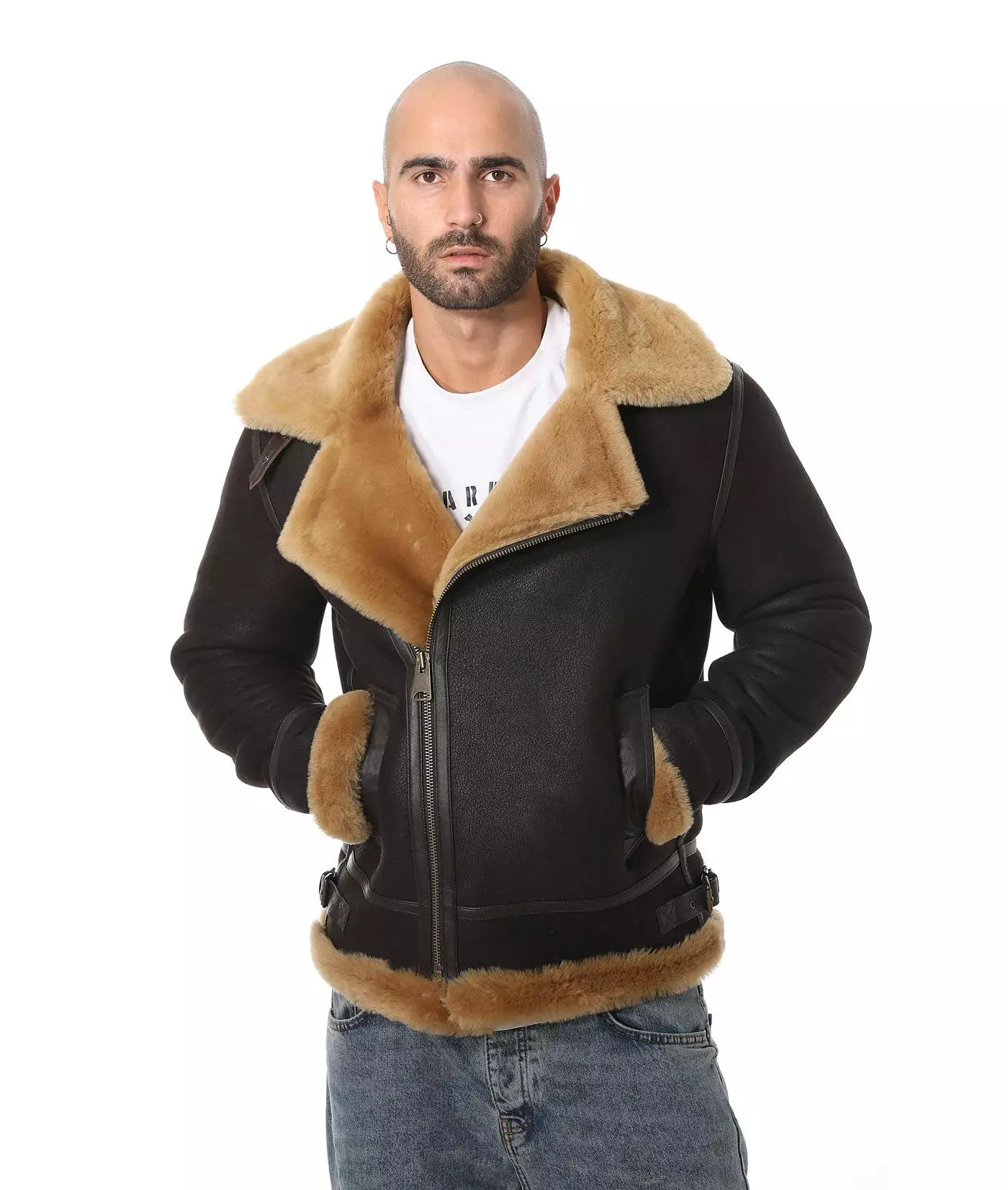 Мужская куртка Furniq UK Shearling Biker, выбеленная коричневая с рыжей шерстью