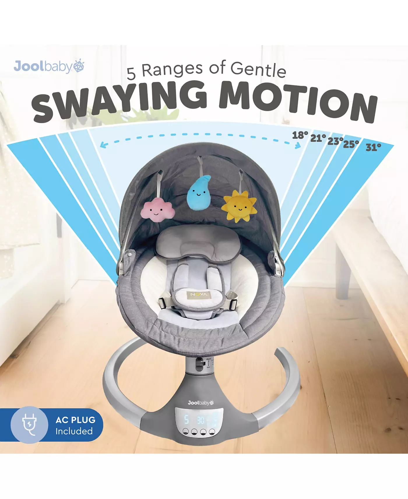 Качели для новорожденных Jool Baby Nova - электрические качели для младенцев с электроприводом, Bluetooth-музыка, 10 предустановленных мелодий, пульт дистанционного управления (обновленная модель, серая)