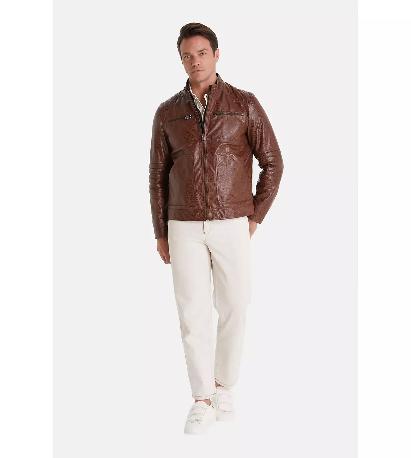 Мужская коричневая кожаная куртка Furniq UK, цвет слона
