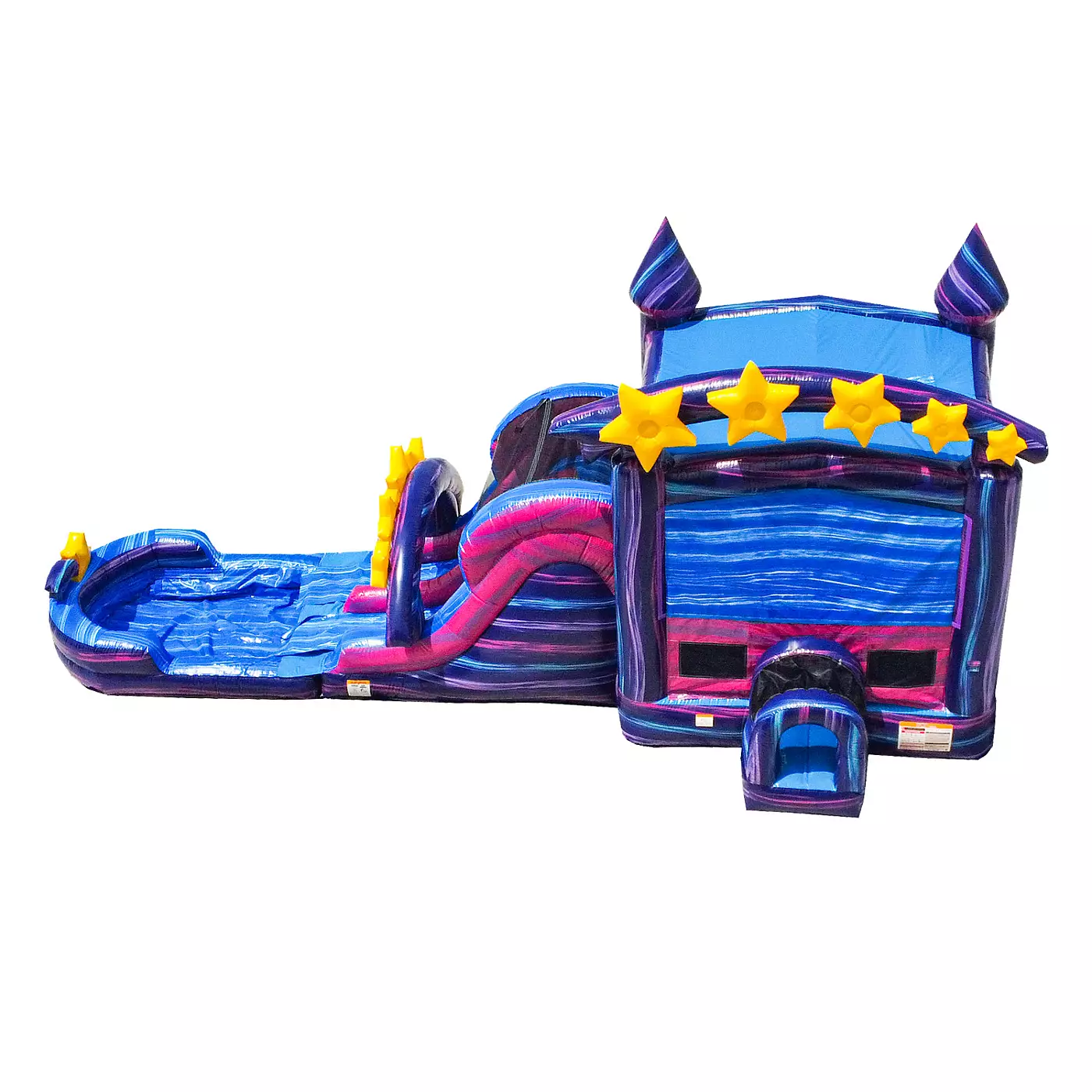 Jumporange Galaxy Коммерческий батут с двумя полосами, съемным бассейном и нагнетателем воздуха, вход через туннель, баскетбольное кольцо, возможность использования в сухом и мокром виде, всплывающие препятствия