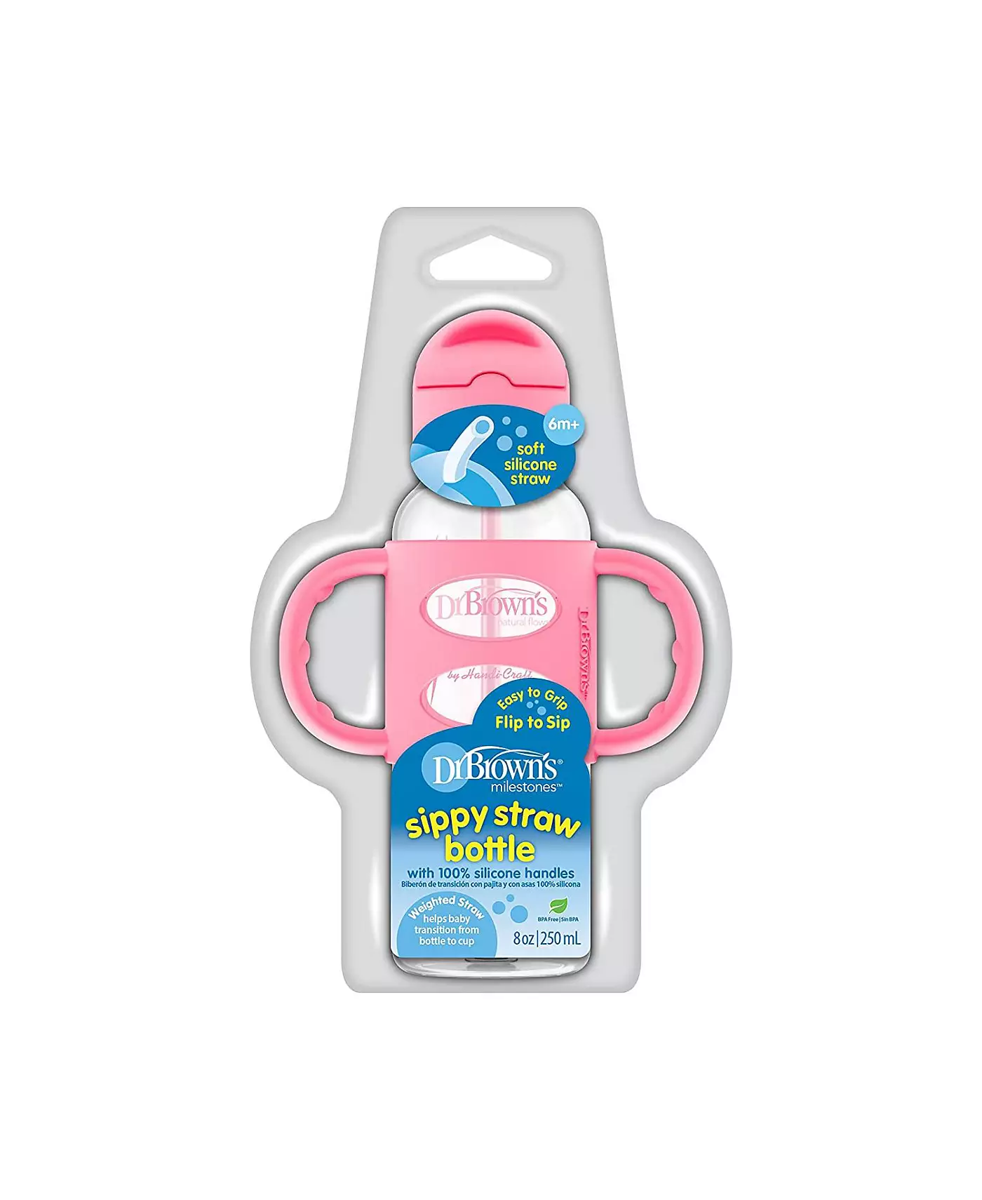 Бутылка-поильник Dr. Browns Narrow Sippy Straw Bottle с ручками из 100% силикона, 8 унций, розовая