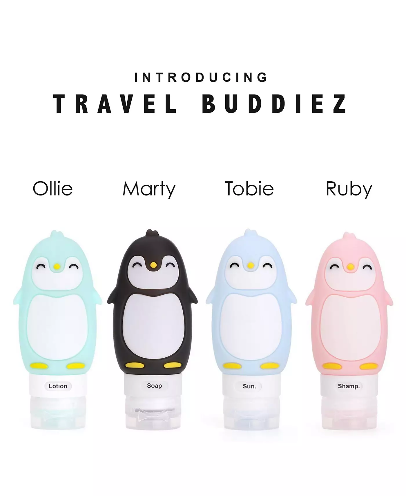 Kanga Care Travel Buddiez - Penguin Family (4 шт.) Разноцветные силиконовые многоразовые бутылочки на 3 унции