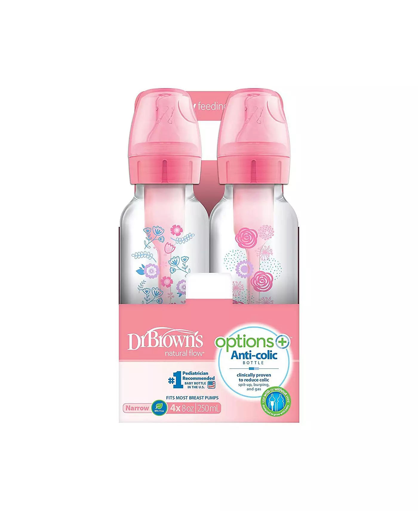 Узкие детские бутылочки Dr. Browns Baby Anti-Colic Options+, 8 унций, 4 шт., розовые цветы