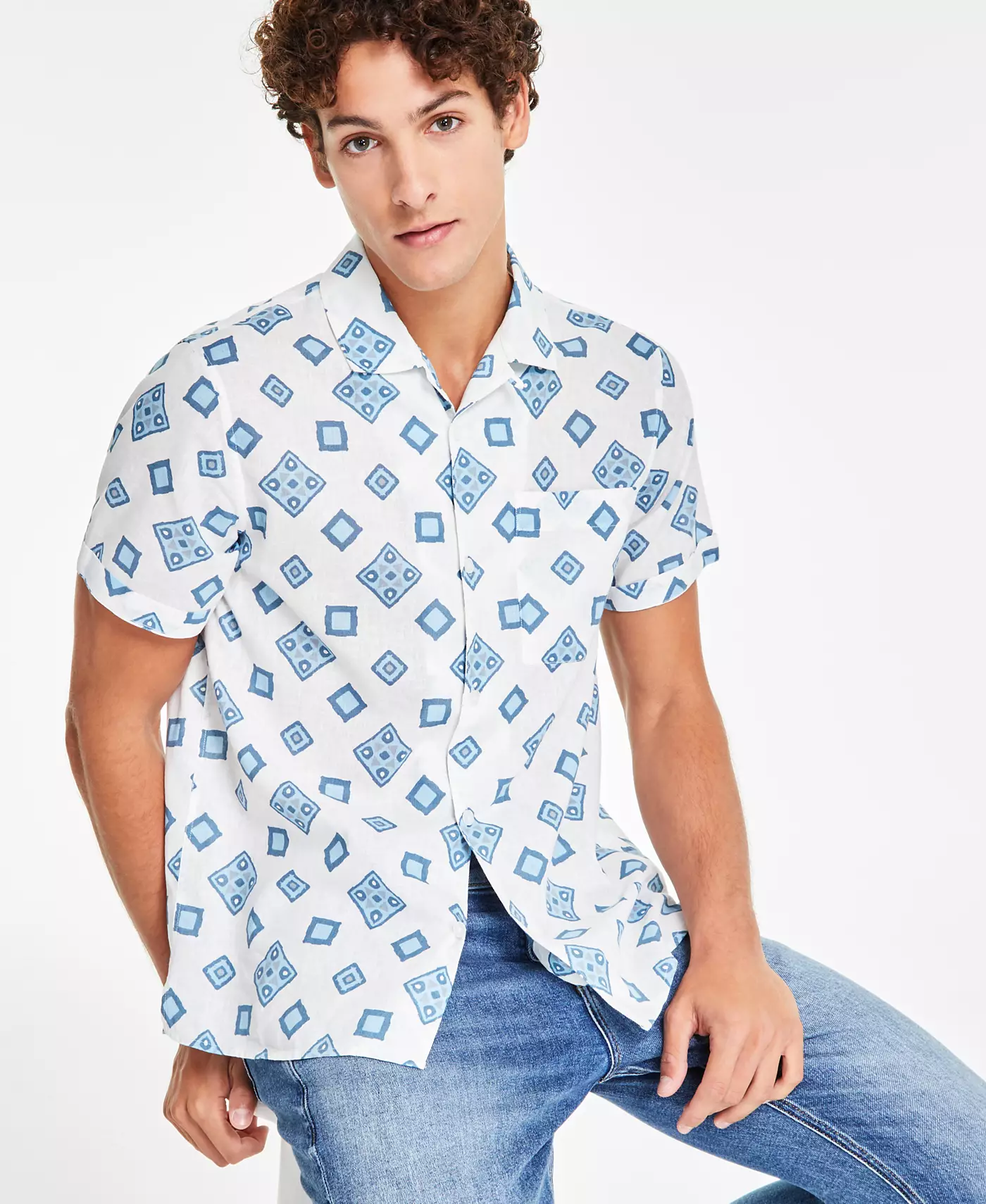 Мужская рубашка Sun + Stone Leblanc Regular-Fit Geo-Print Camp на пуговицах из льняной смеси, созданная для Macy's