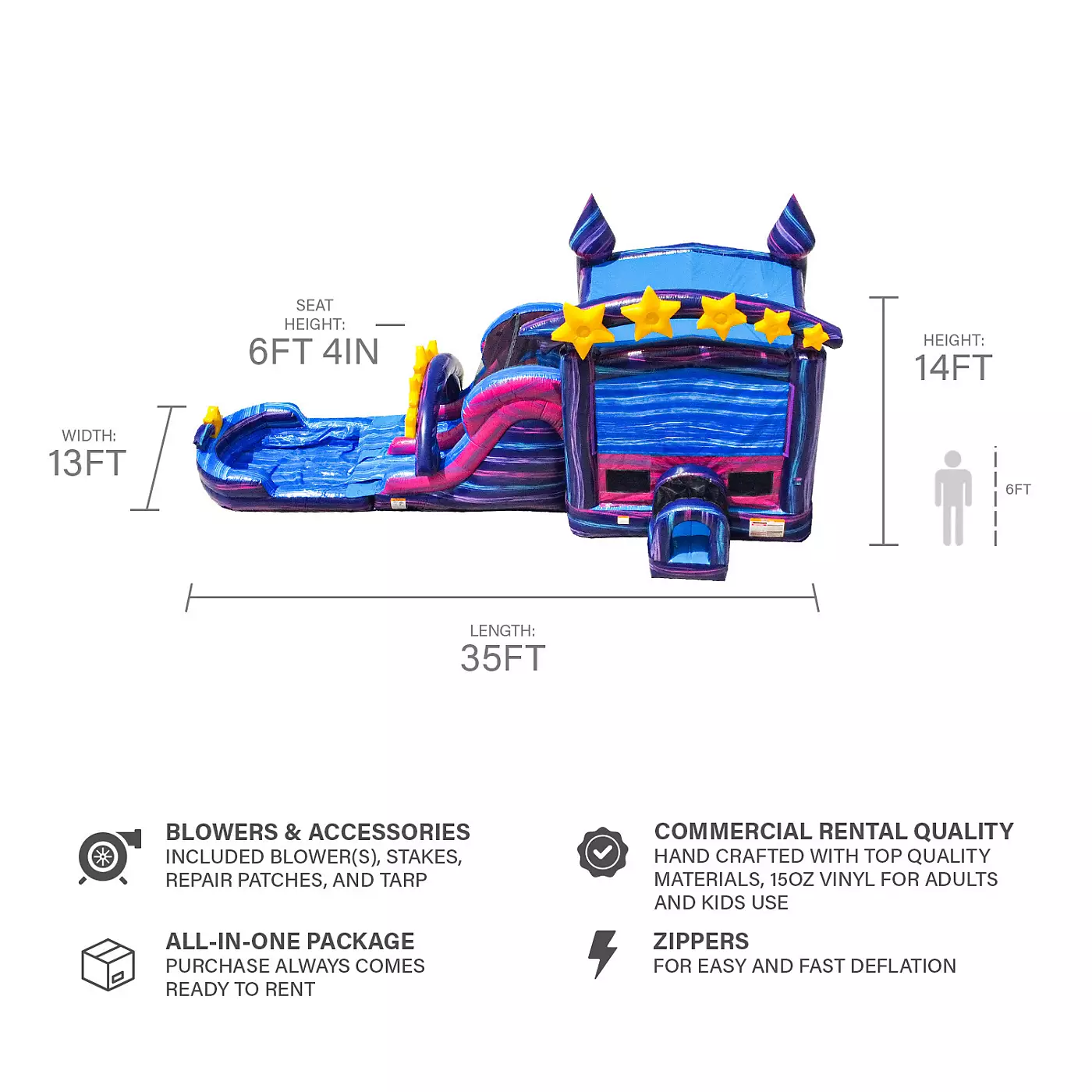 Jumporange Galaxy Коммерческий батут с двумя полосами, съемным бассейном и нагнетателем воздуха, вход через туннель, баскетбольное кольцо, возможность использования в сухом и мокром виде, всплывающие препятствия