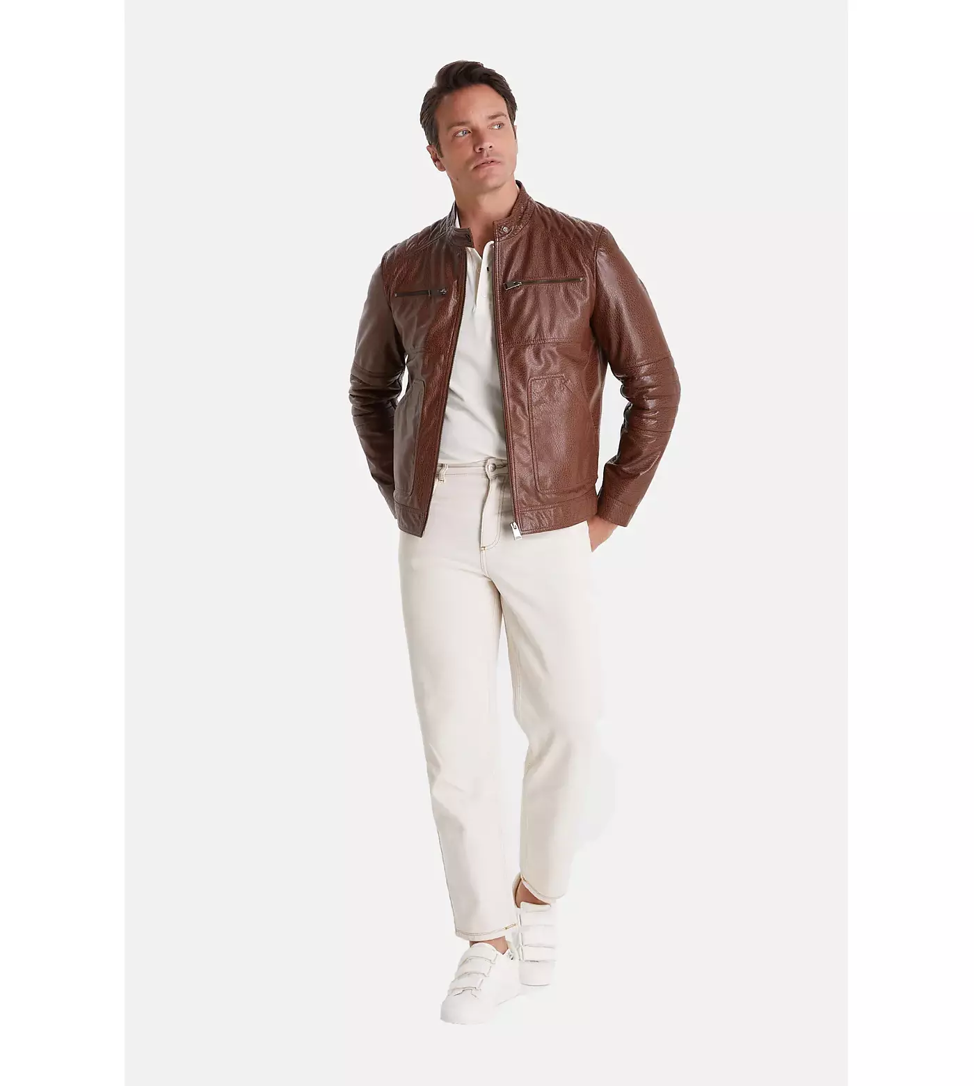 Мужская коричневая кожаная куртка Furniq UK, цвет слона