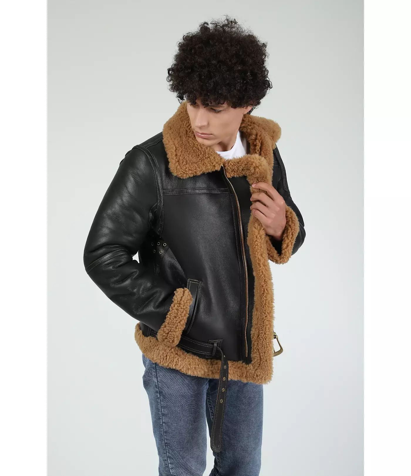 Мужская куртка-авиатор Furniq UK, шелковисто-коричневая с рыжей вьющейся шерстью