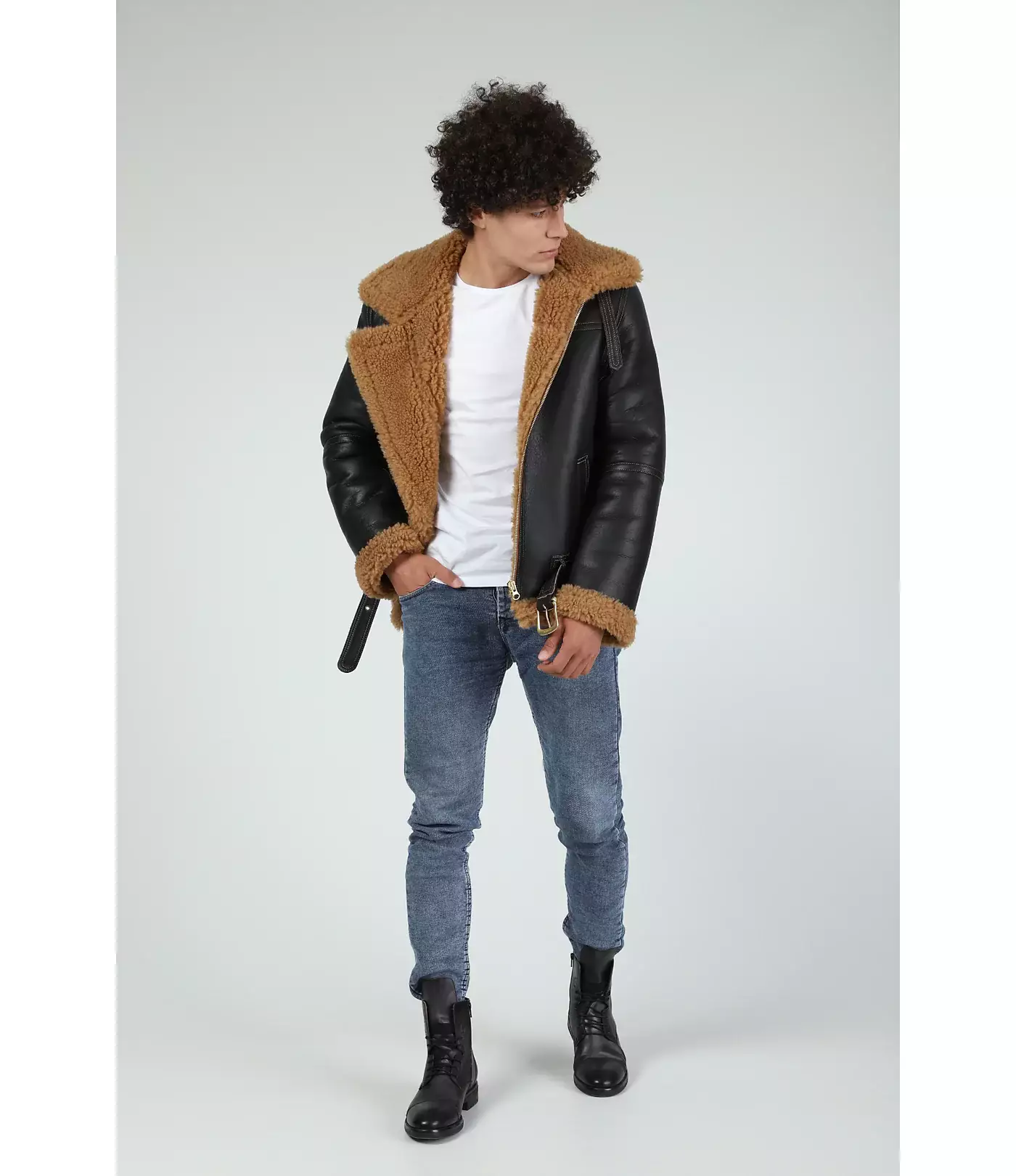 Мужская куртка-авиатор Furniq UK, шелковисто-коричневая с рыжей вьющейся шерстью