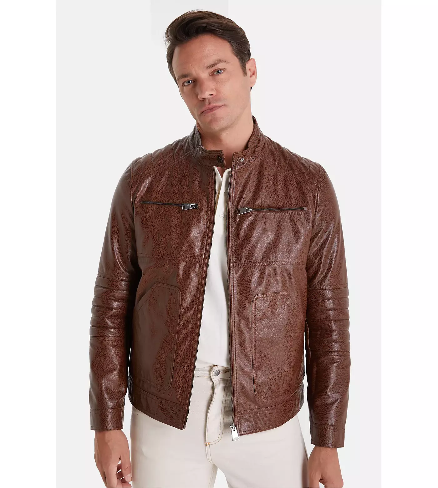 Мужская коричневая кожаная куртка Furniq UK, цвет слона