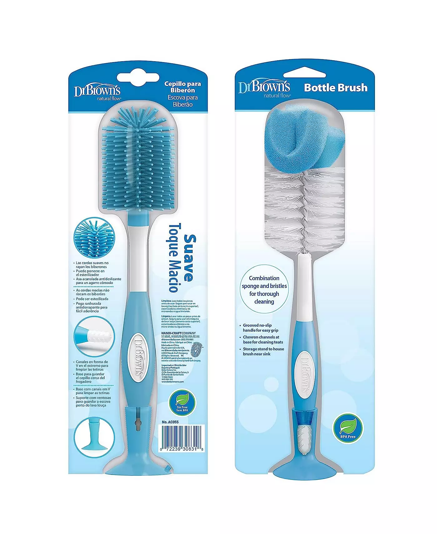Dr. Browns Baby Мягкая на ощупь щетка для бутылочек и сосок Dr. Brown's Baby и губчатая щетка, синяя, 2 шт. в упаковке