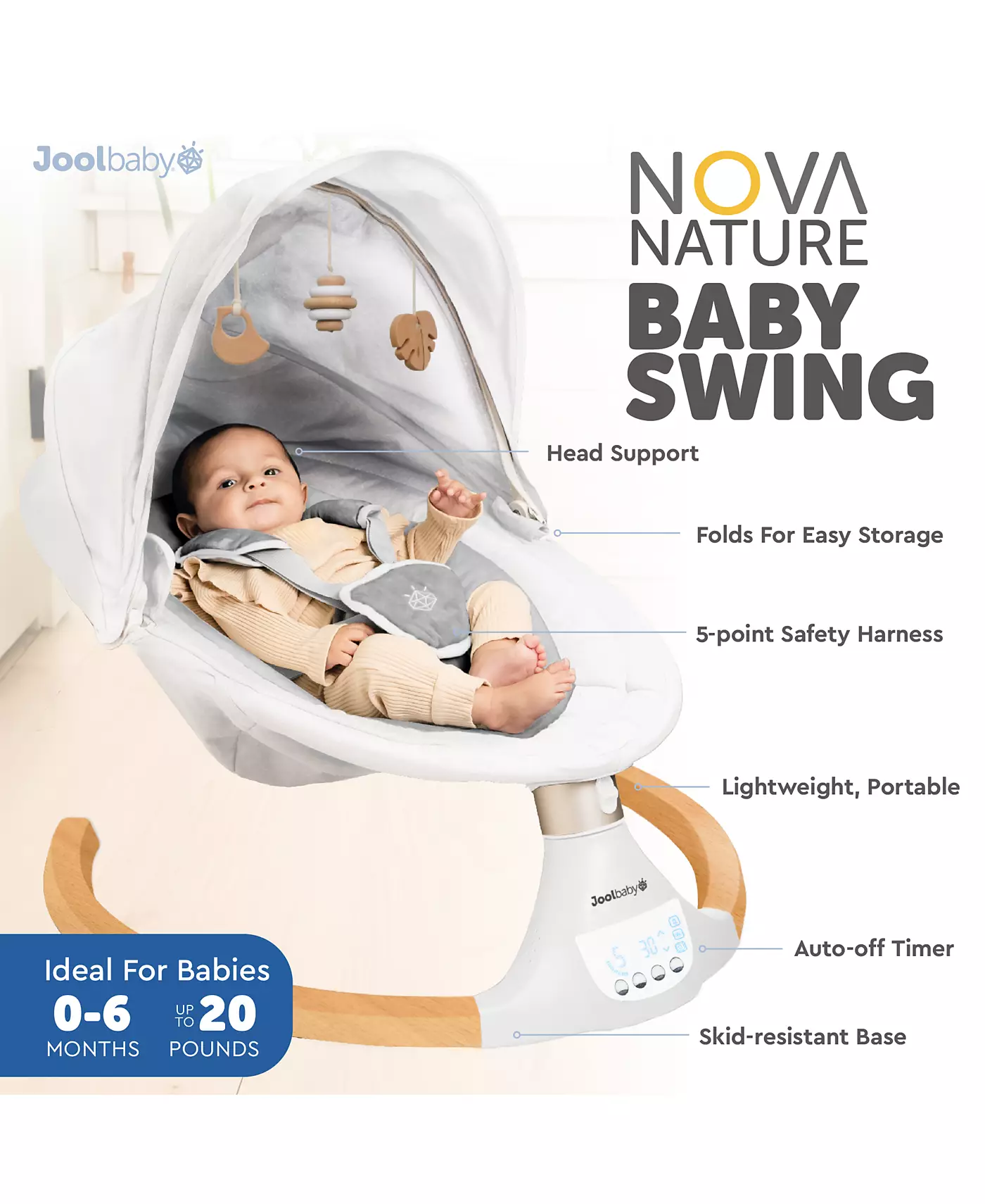Детские качели Jool Baby Nova Nature для новорожденных – игрушки из натурального дерева, электрические моторизованные детские качели, музыка по Bluetooth