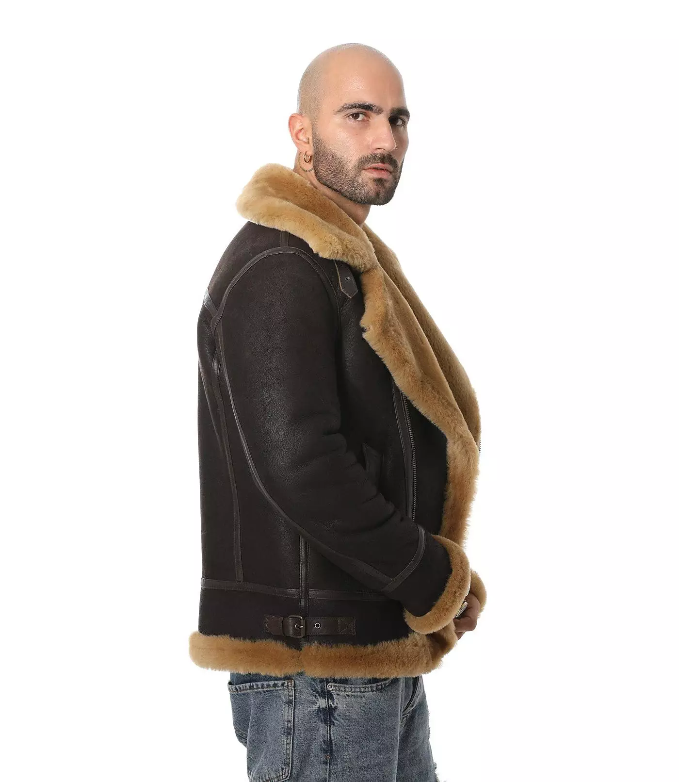 Мужская куртка Furniq UK Shearling Biker, выбеленная коричневая с рыжей шерстью