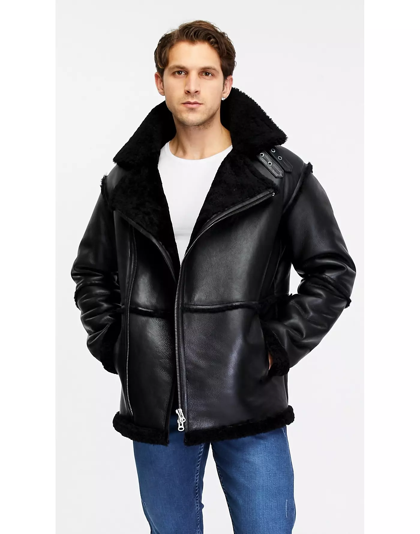 Мужская куртка Furniq UK Fashion из натуральной кожи, шерсть, черная