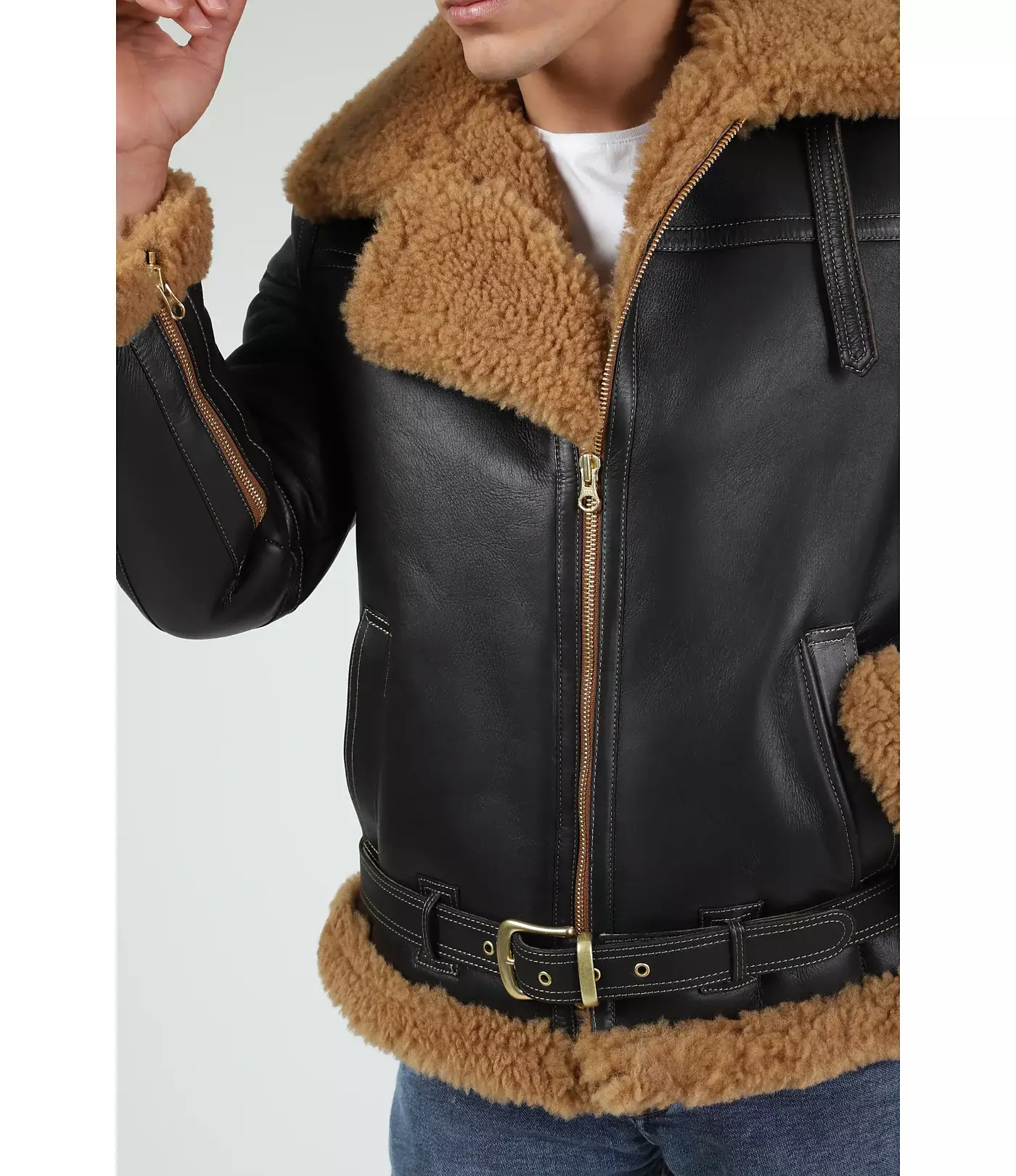 Мужская куртка-авиатор Furniq UK, шелковисто-коричневая с рыжей вьющейся шерстью