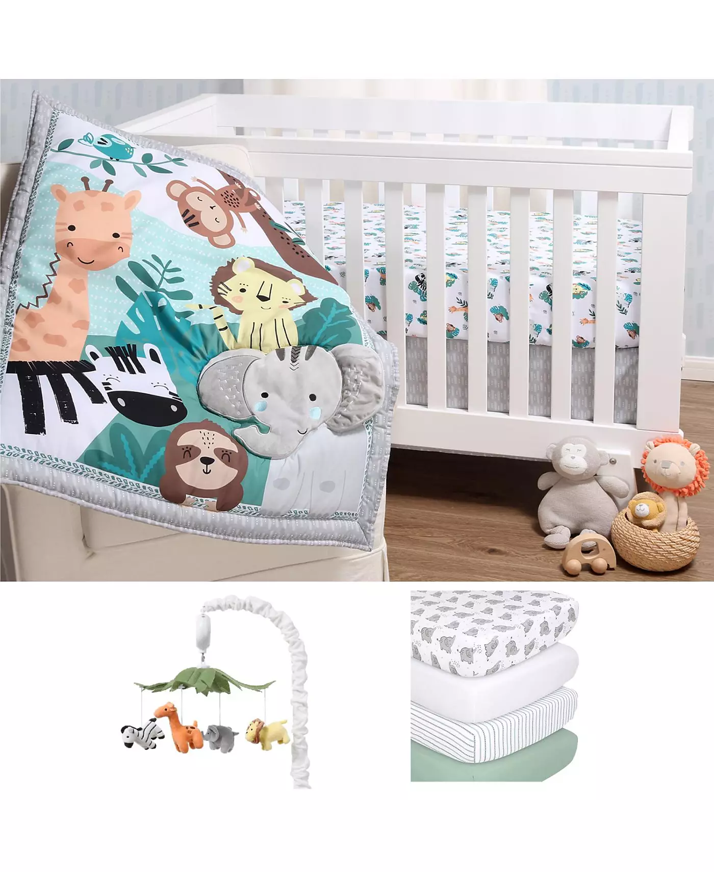 Комплект постельного белья для детской кроватки Peanutshell Safari Adventures из 8 предметов, одеяло, простыни, юбка для кроватки и мобиль