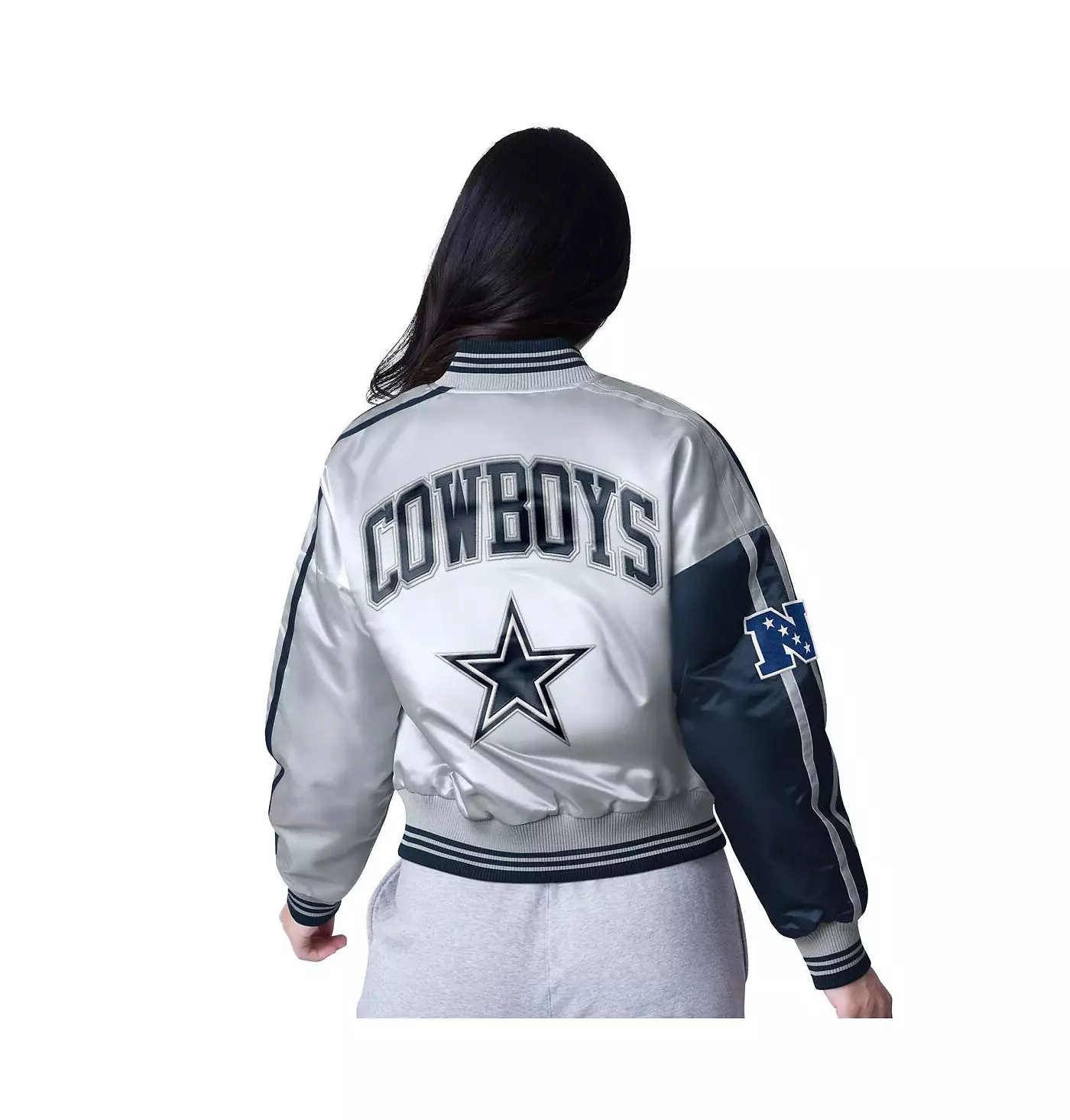 Женская укороченная атласная куртка Starter Navy/Silver Dallas Cowboys Zone Blitz на кнопках