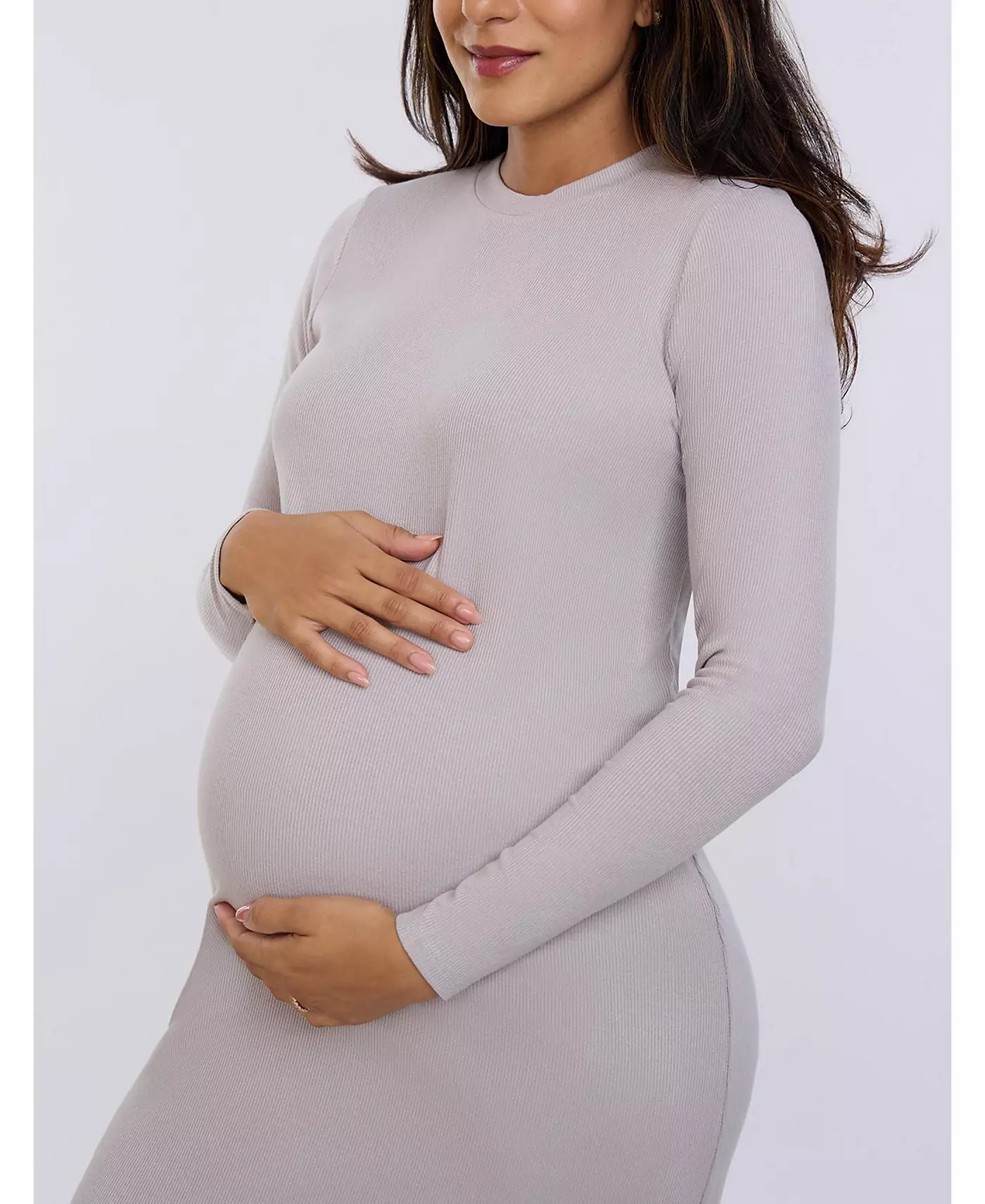 Платье для беременных с круглым вырезом, ребристым трикотажем и длинными рукавами - Motherhood