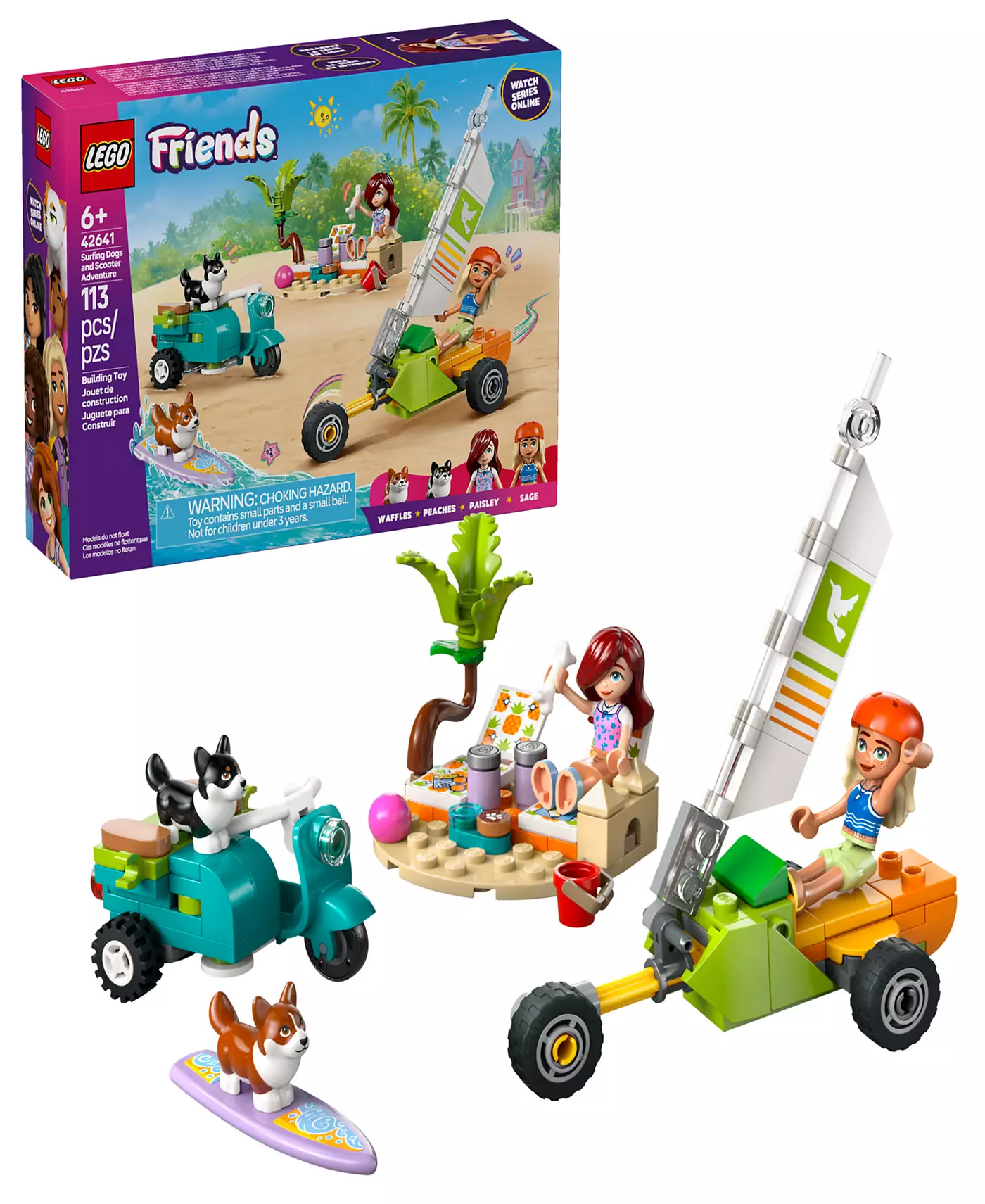 Конструктор LEGO® Friends «Собаки-серфингисты и приключения на скутере» 42641, 113 деталей