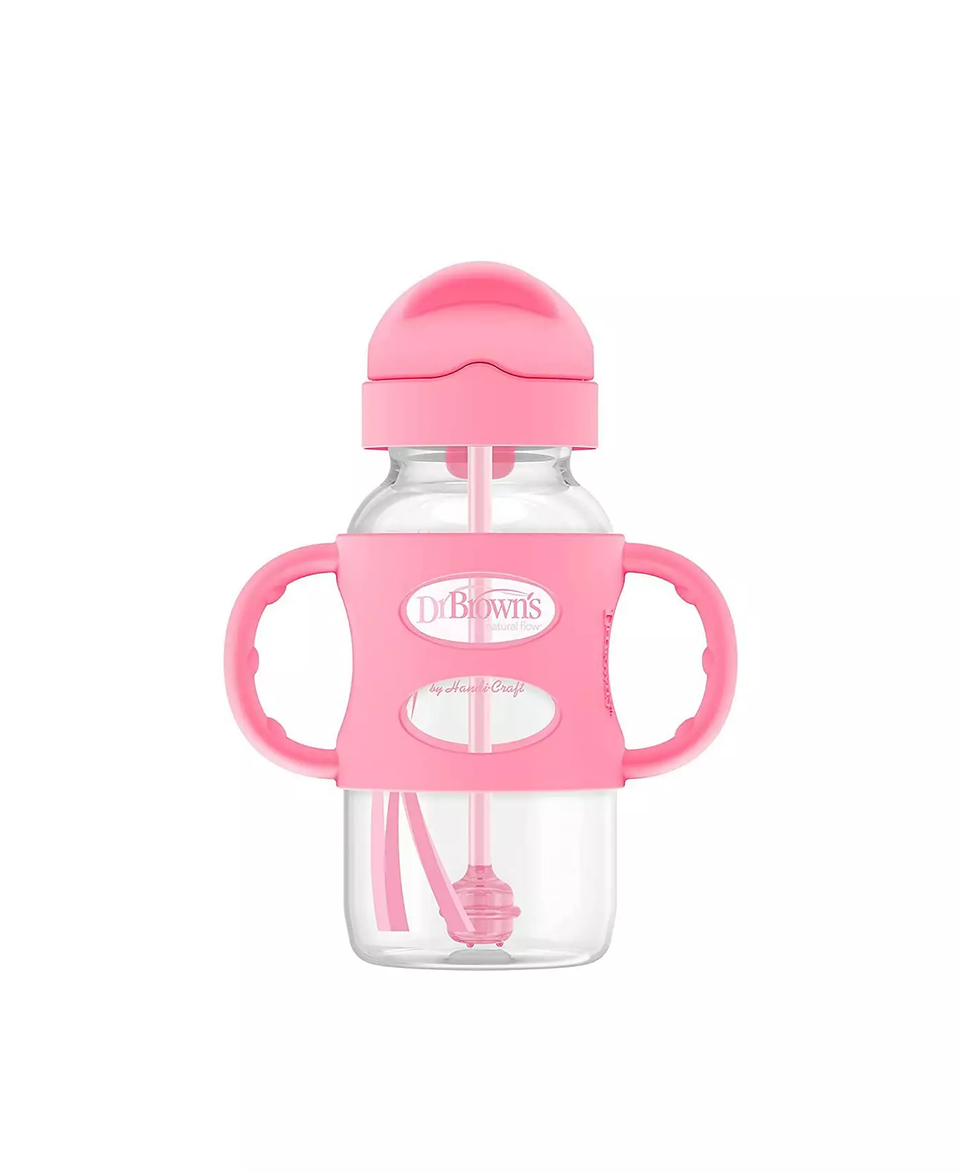 Бутылка-поильник Dr. Browns Baby с широким горлышком и трубочкой, ручки из 100% силикона, 9 унций, розовая