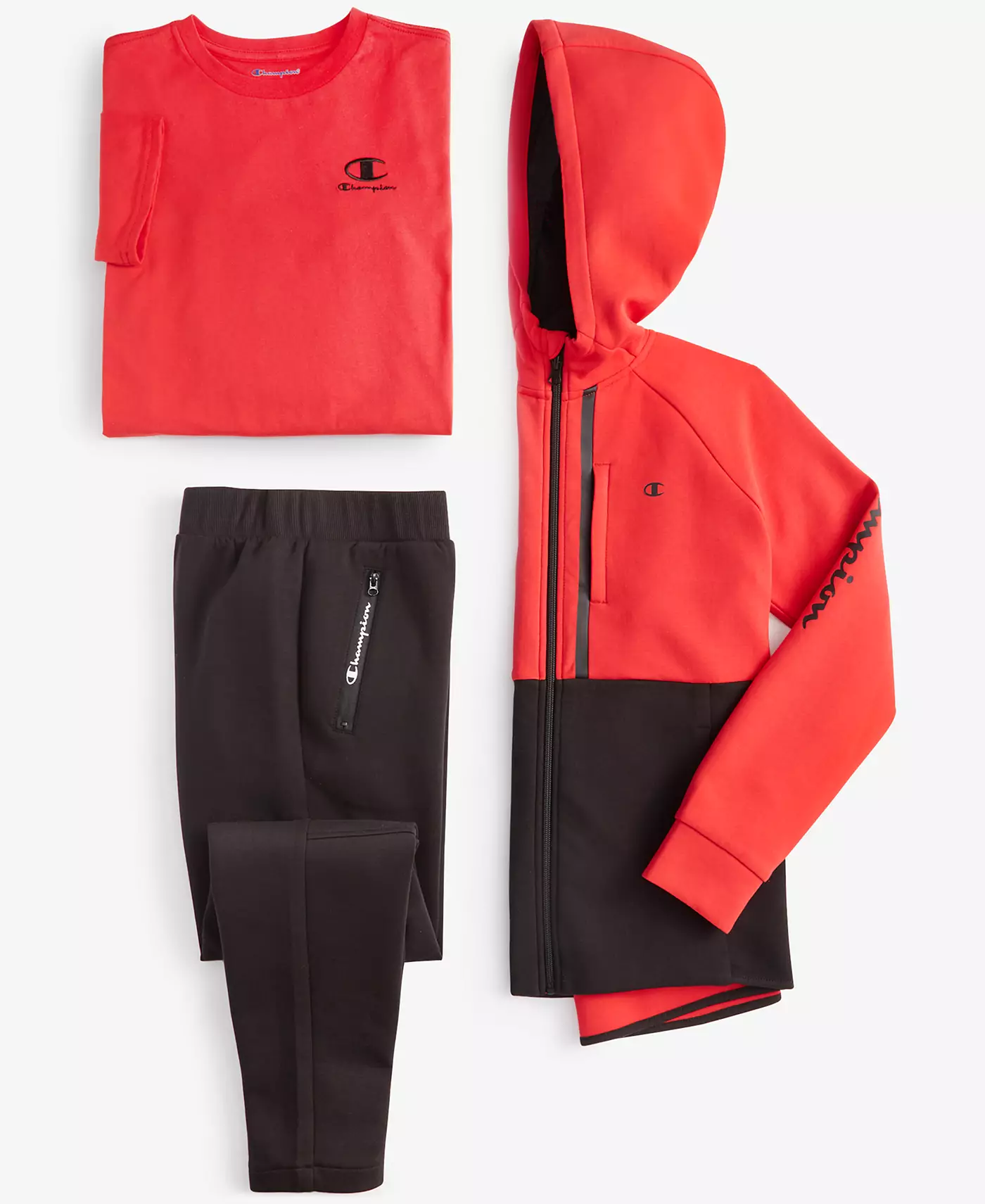 Champion Big Boys Big Boys: толстовка Active с капюшоном и молнией во всю длину, футболка с вышитым логотипом и брюки Active с двойными трикотажными карманами на молнии