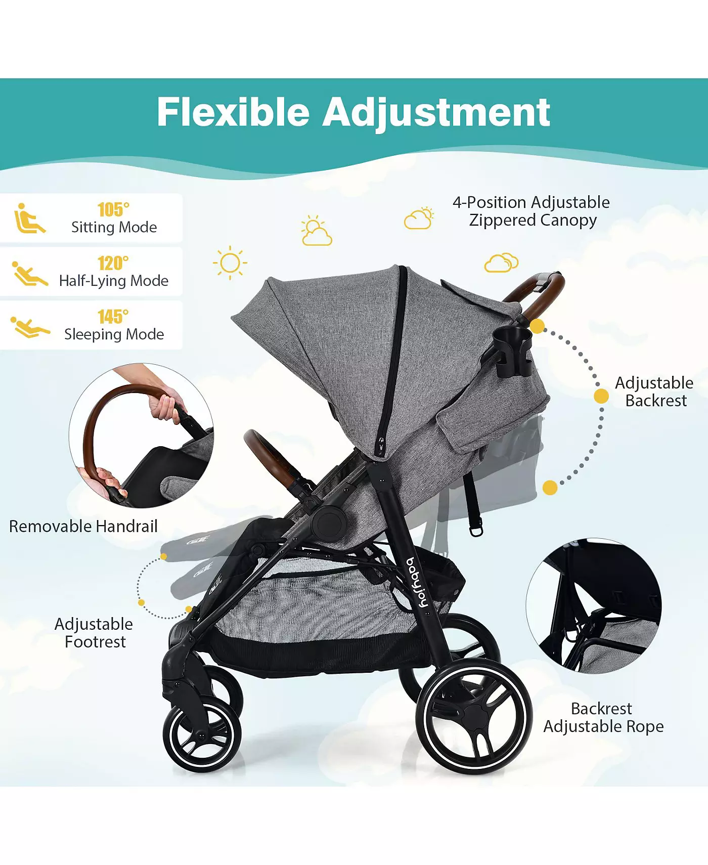 Детская коляска Slickblue Kids с 5-точечным ремнем безопасности, легким весом, чехлом для ног и регулируемой спинкой