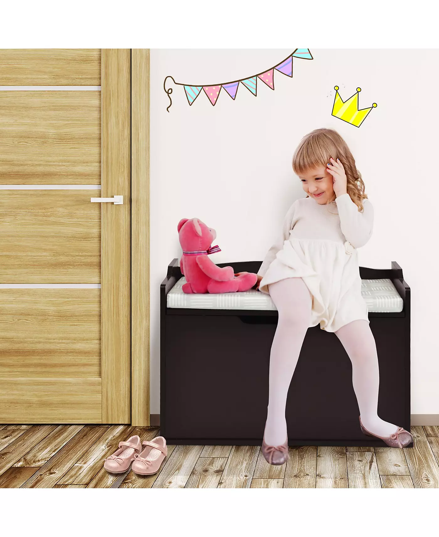 Ящик для игрушек для малышей Costway, деревянный, откидной, скамейка для хранения вещей с подушкой и предохранительным шарниром