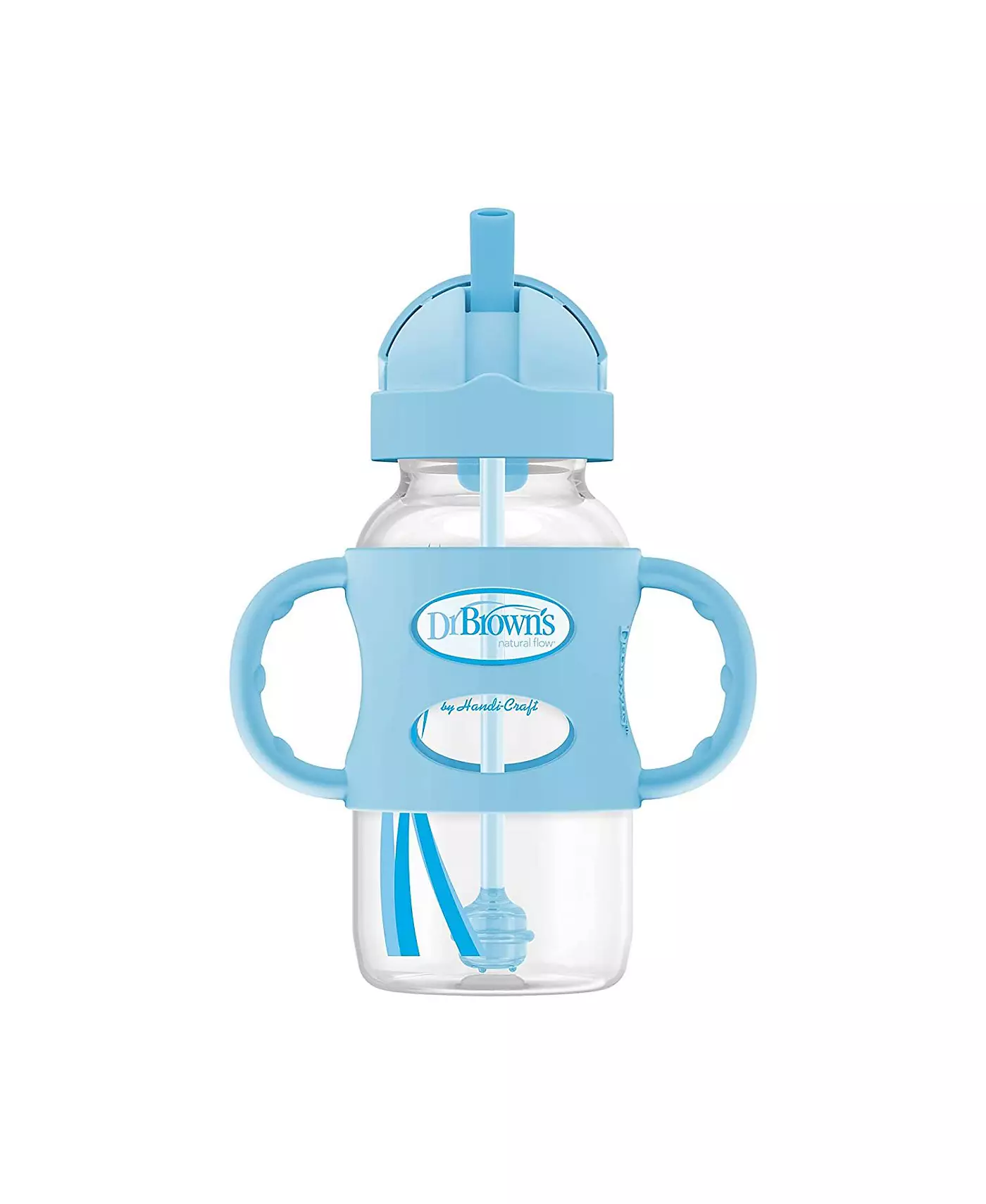 Бутылка-поильник Dr. Browns Baby с широким горлышком и трубочкой, ручки из 100% силикона, 9 унций, синяя