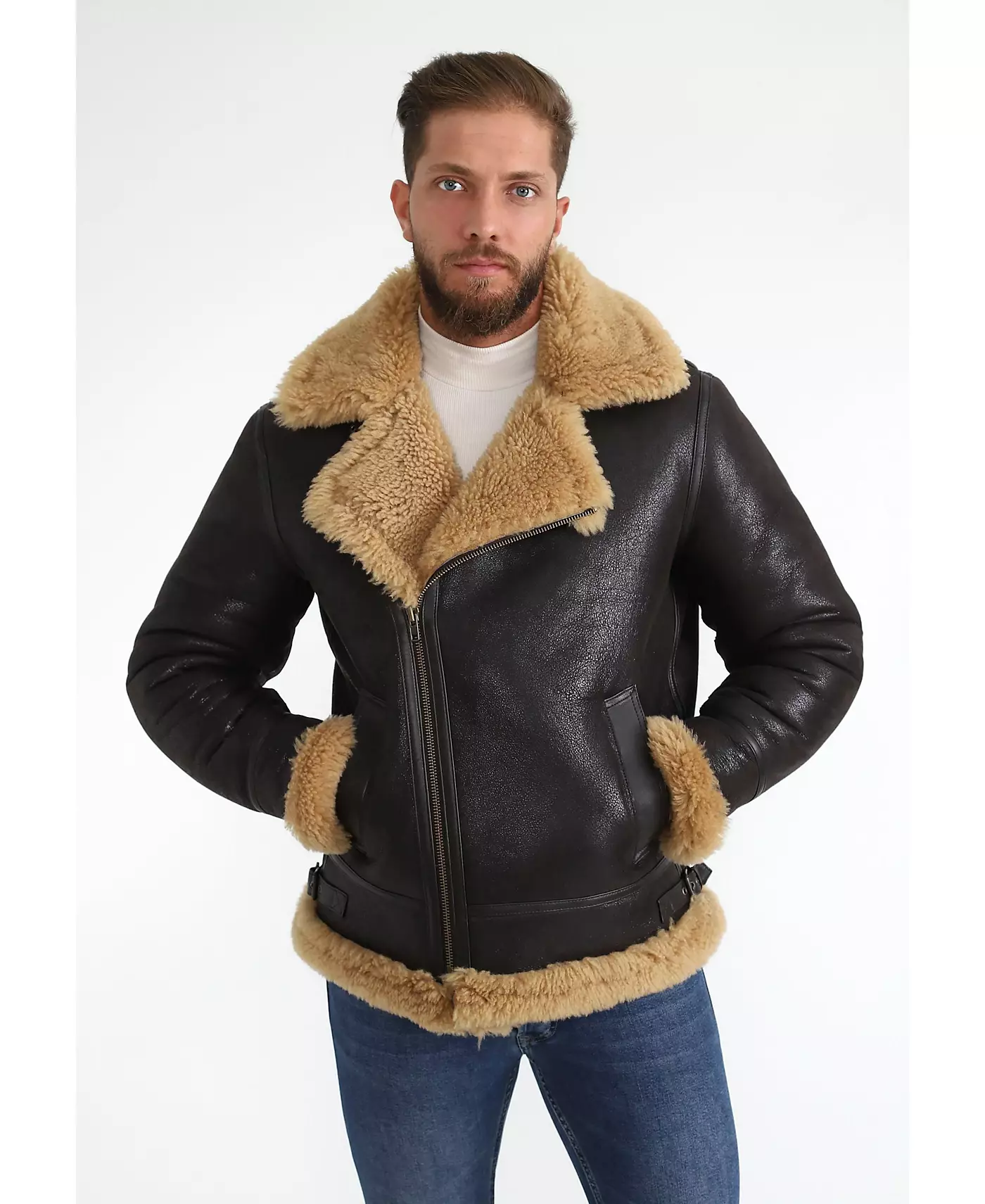 Мужская куртка Furniq UK Shearling Biker Jacket, винтажный коричневый с рыжей вьющейся шерстью