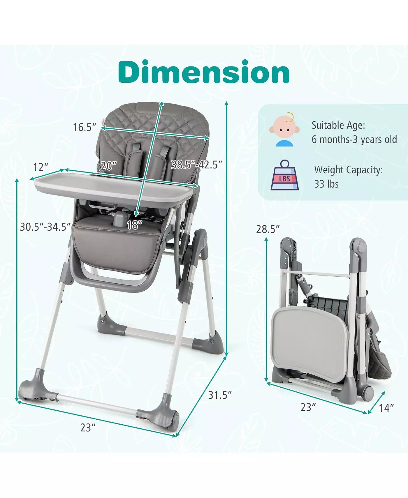 Складной детский стульчик Slickblue с подставкой для ног и съемным подносом