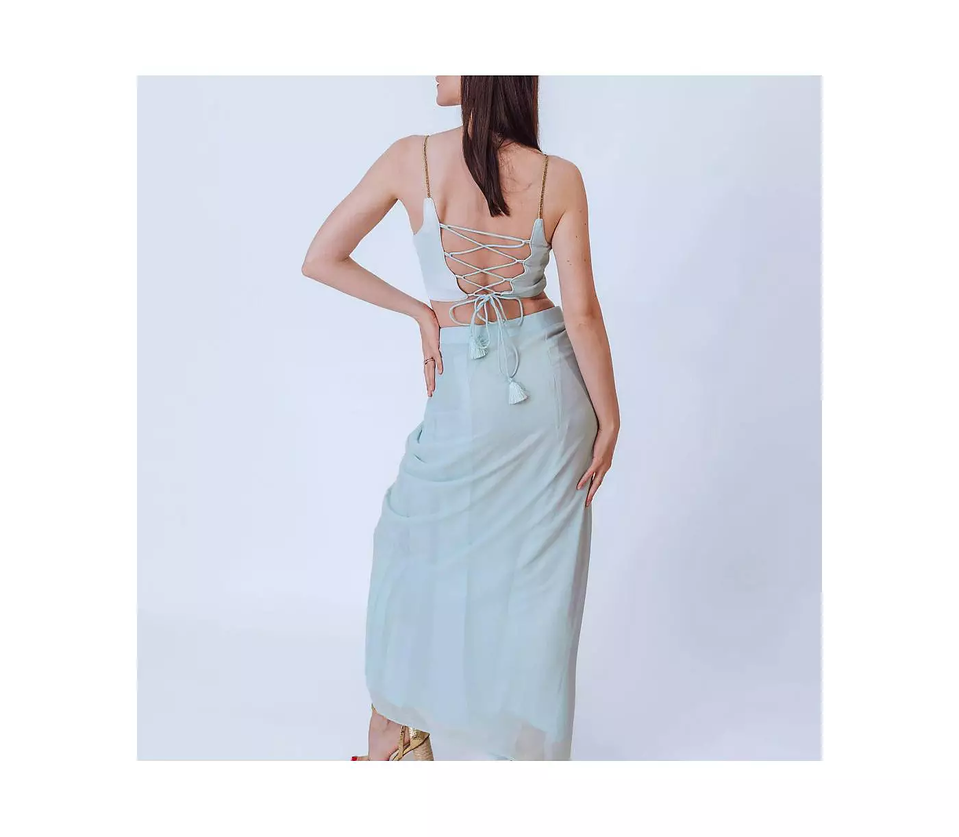 RAAS Женская небесно-голубая блестящая плиссированная юбка-дхоти и декорированная блузка в комплекте