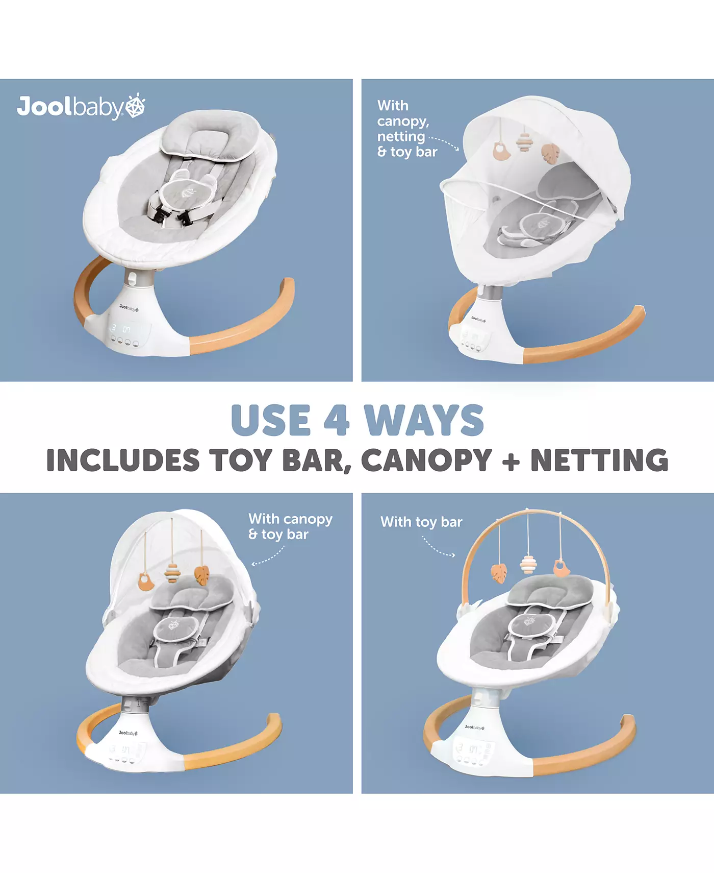 Детские качели Jool Baby Nova Nature для новорожденных – игрушки из натурального дерева, электрические моторизованные детские качели, музыка по Bluetooth