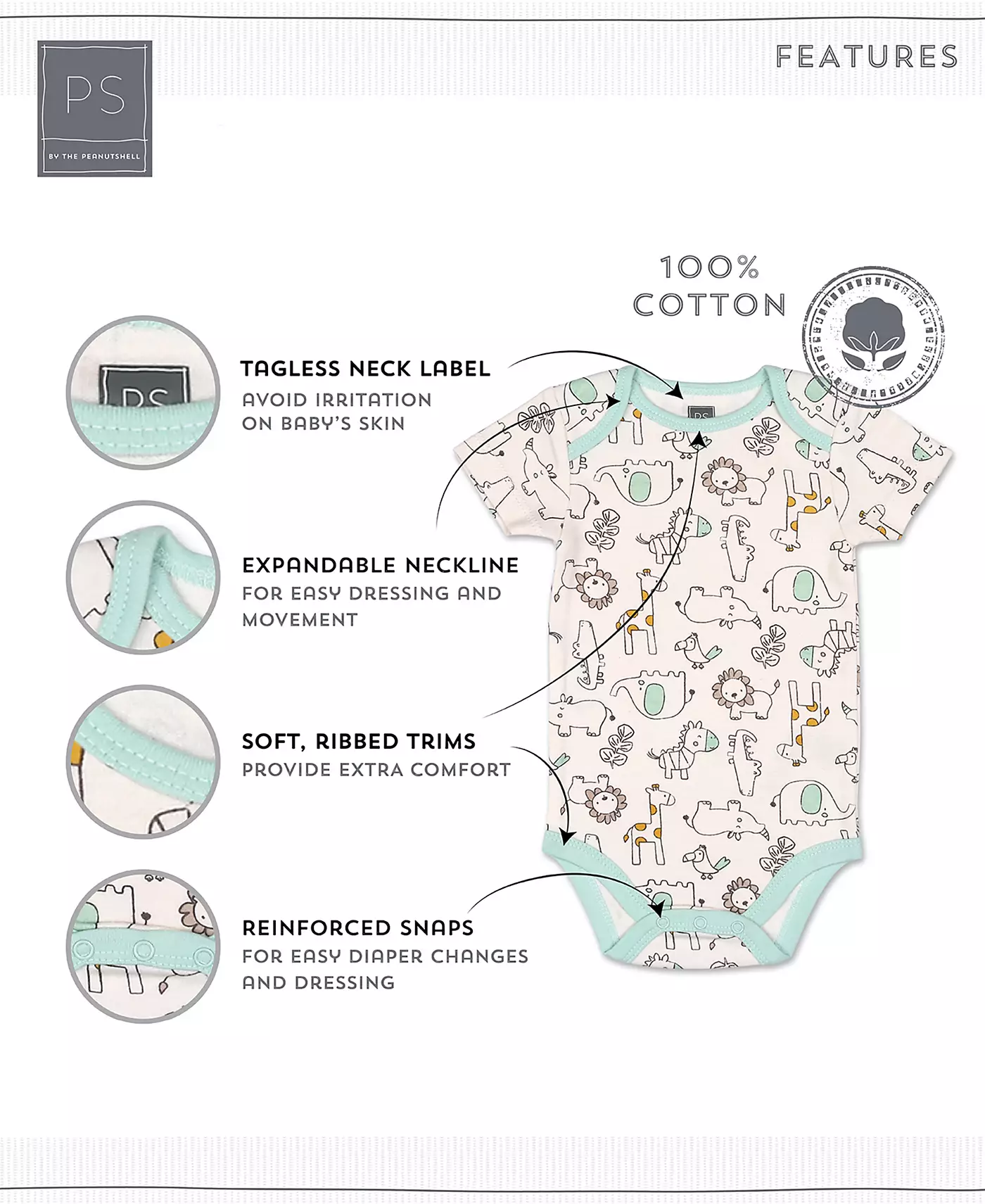 Комплект боди с короткими рукавами для мальчика или девочки Peanutshell, 5 шт., сафари, черный, белый, шалфей, звезды