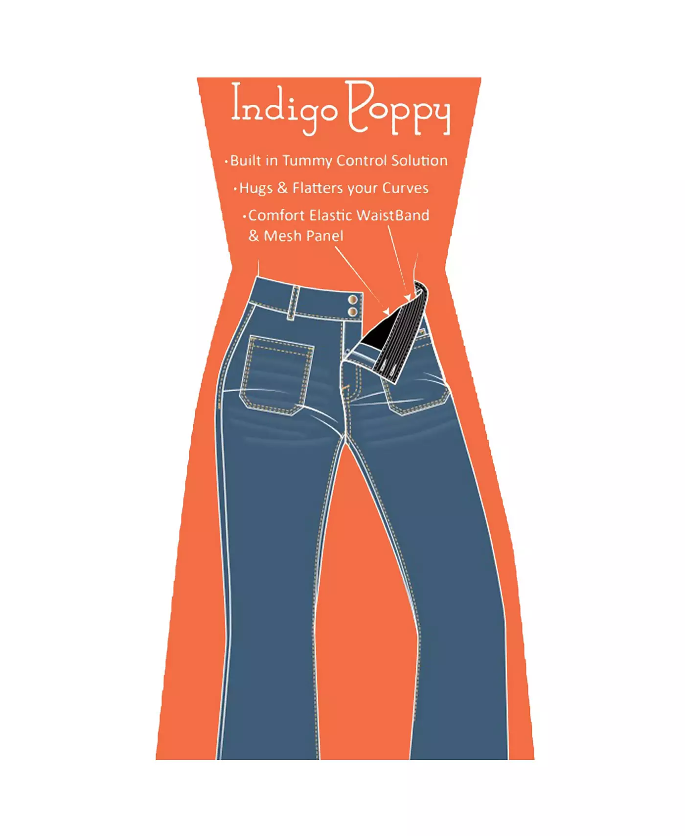 Женские джинсы Indigo Poppy Bootcut с утягивающим эффектом, классическими карманами и дизайном спинки