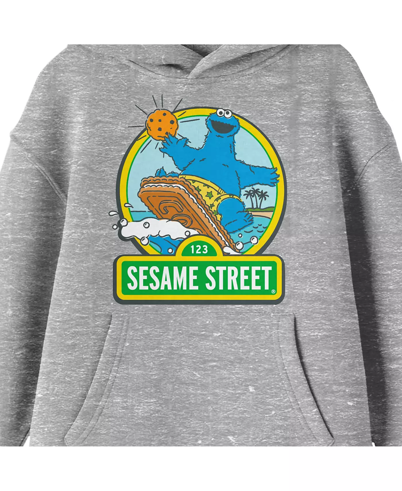 Мальчики из «Улицы Сезам» Печенька Монстр Серфинг с логотипом Молодежная спортивная толстовка с капюшоном цвета меланж серый с рисунком-XL