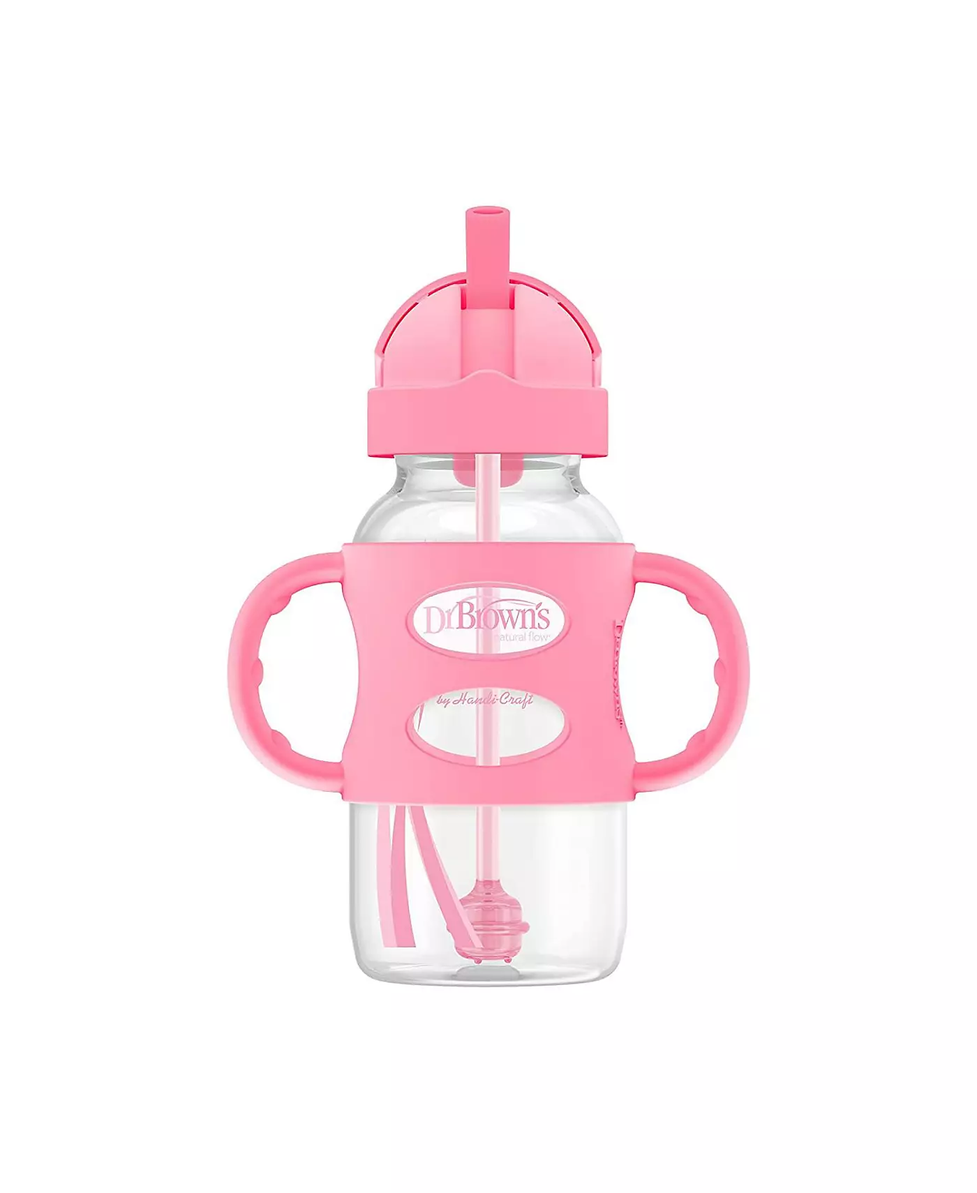 Бутылка-поильник Dr. Browns Baby с широким горлышком и трубочкой, ручки из 100% силикона, 9 унций, розовая