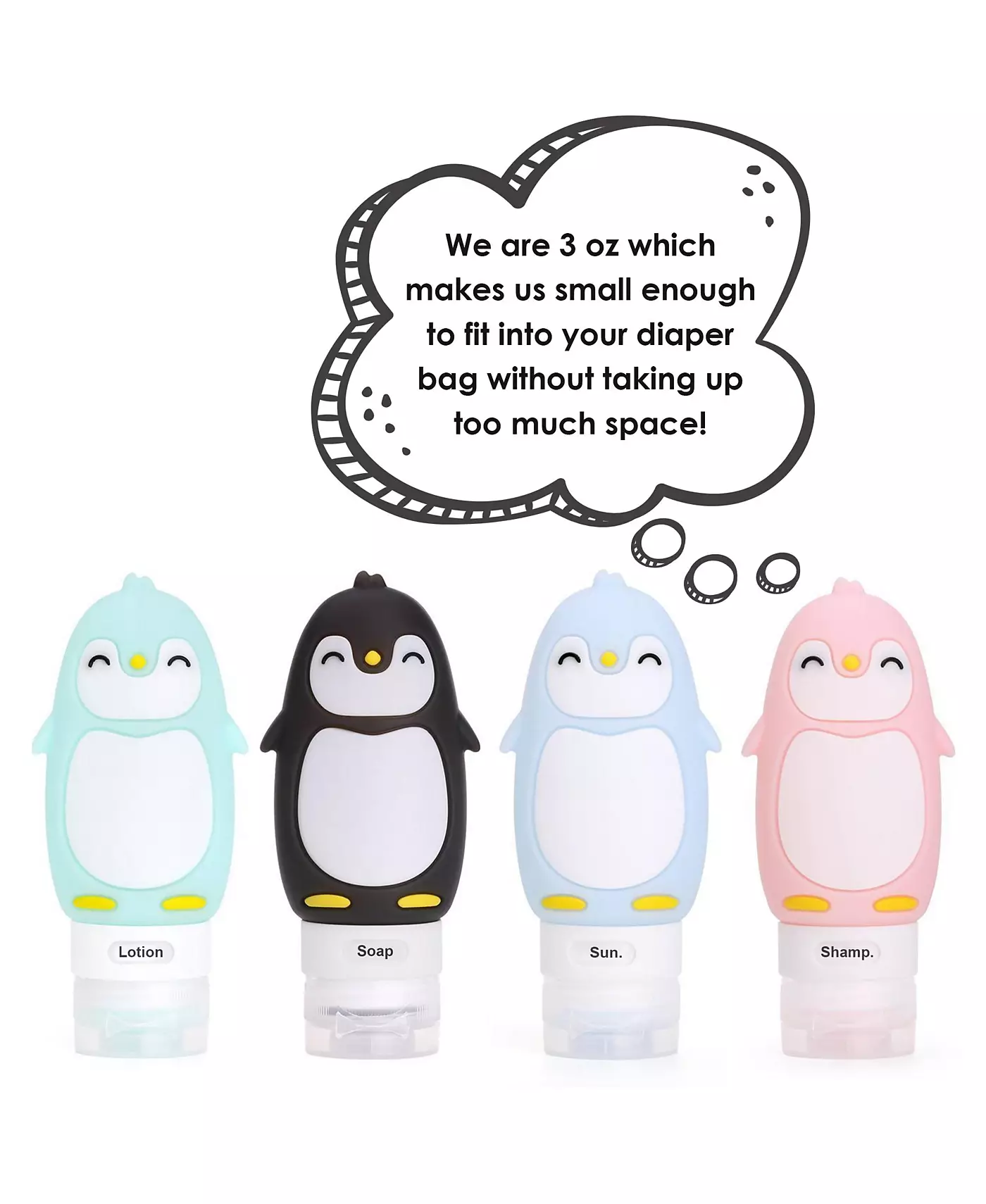 Kanga Care Travel Buddiez - Penguin Family (4 шт.) Разноцветные силиконовые многоразовые бутылочки на 3 унции