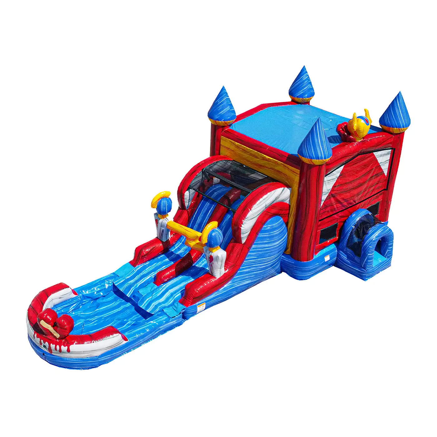 Jumporange Queen - водный надувной аттракцион коммерческого класса с двумя дорожками и отсоединяемым бассейном для детей и взрослых (с нагнетателем воздуха), вход через туннель, баскетбольное кольцо, возможность использования в сухом и мокром виде, всплыв