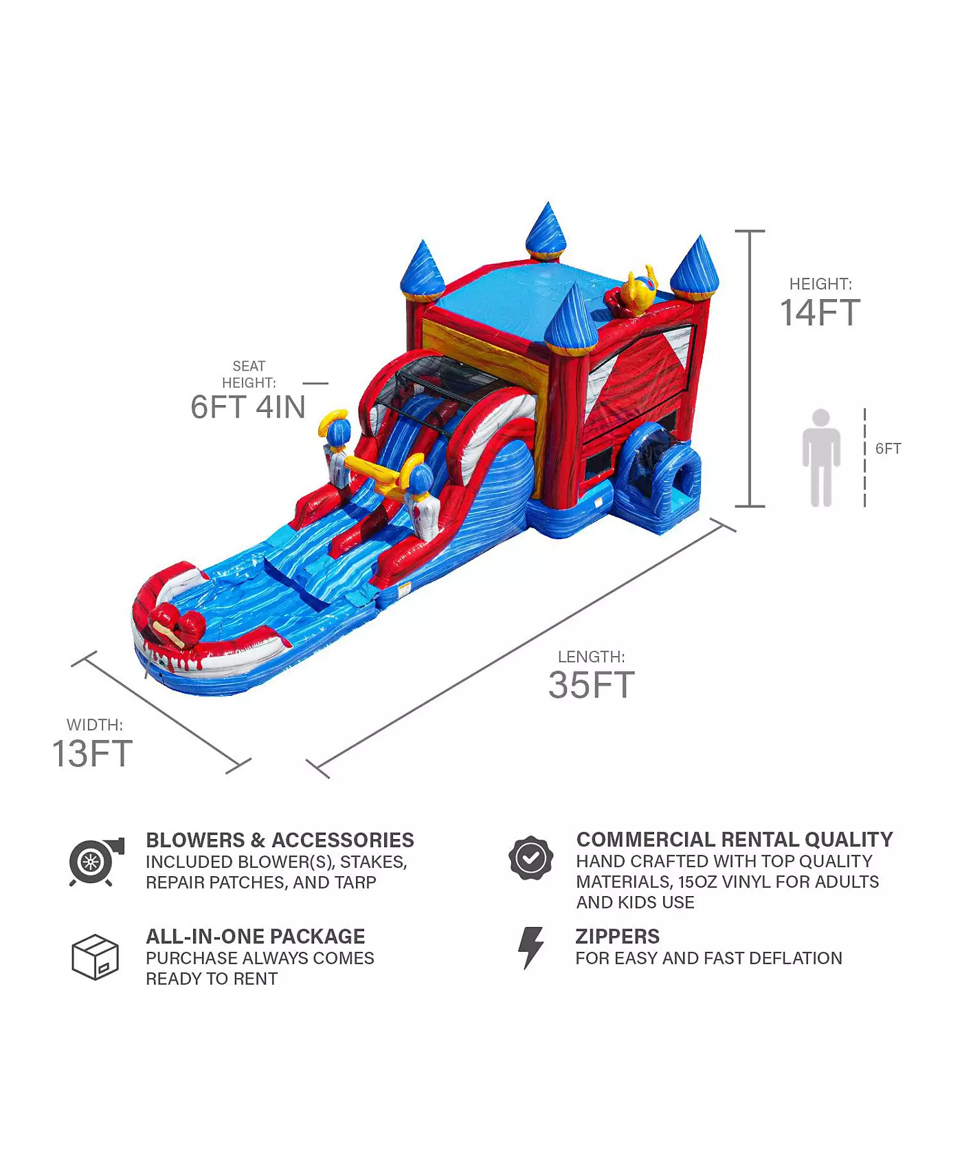 Jumporange Queen - водный надувной аттракцион коммерческого класса с двумя дорожками и отсоединяемым бассейном для детей и взрослых (с нагнетателем воздуха), вход через туннель, баскетбольное кольцо, возможность использования в сухом и мокром виде, всплыв