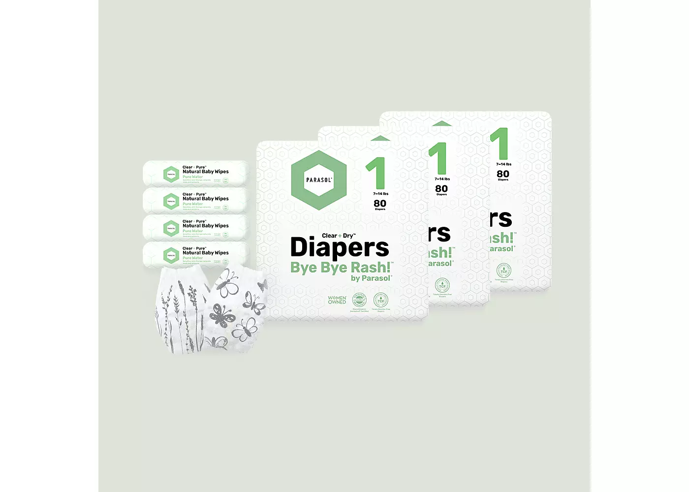 Parasol Kids Clear+Dry Natural одноразовые подгузники - подарочный набор - 3 большие упаковки подгузников и 4 упаковки салфеток