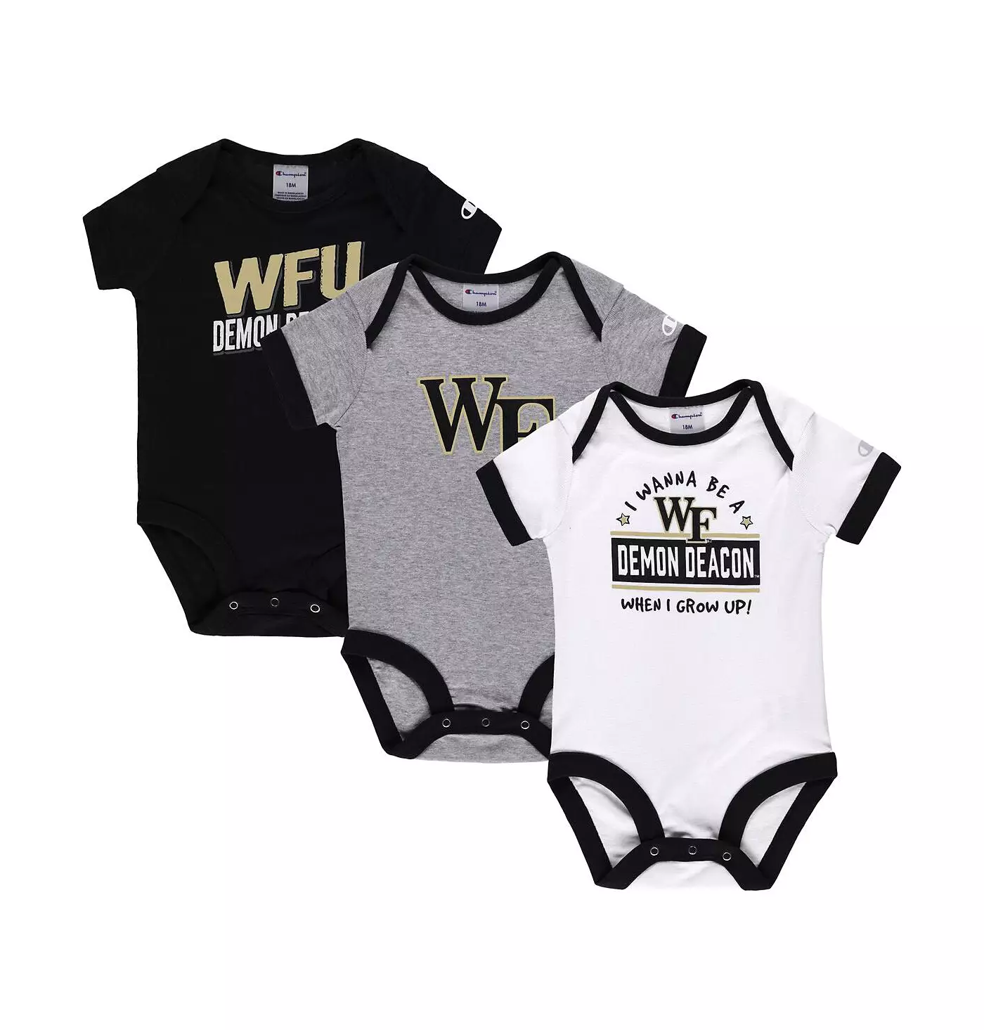 Комплект из трех боди Champion Infant Boys and Girls Black, Heather Grey Wake Forest Demon Deacons I Wanna Be