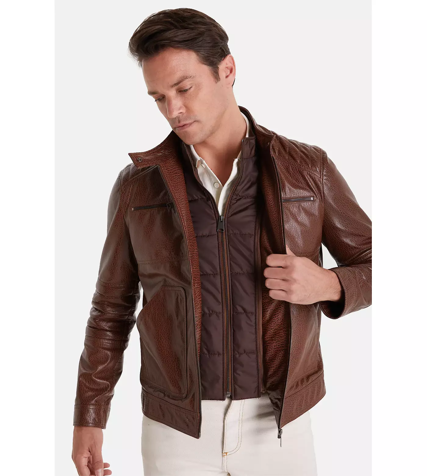 Мужская коричневая кожаная куртка Furniq UK, цвет слона