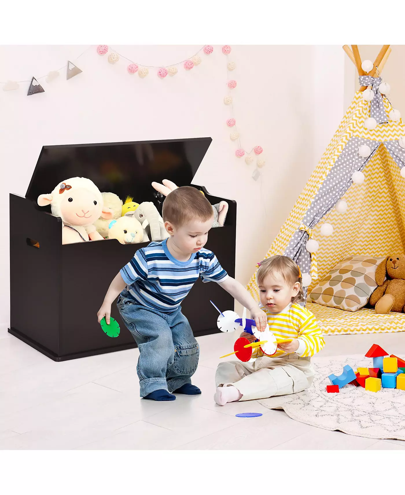 Ящик для игрушек для малышей Costway, деревянный, откидной, скамейка для хранения вещей с подушкой и предохранительным шарниром