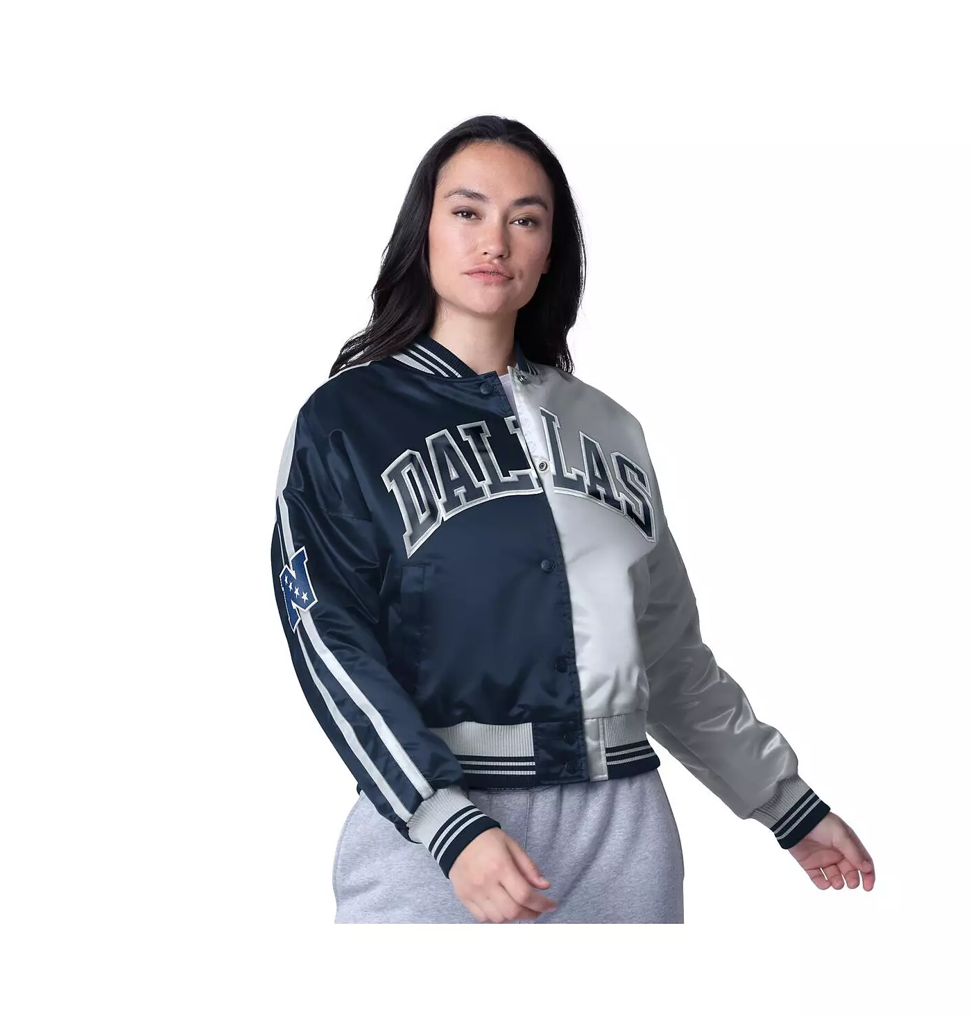 Женская укороченная атласная куртка Starter Navy/Silver Dallas Cowboys Zone Blitz на кнопках