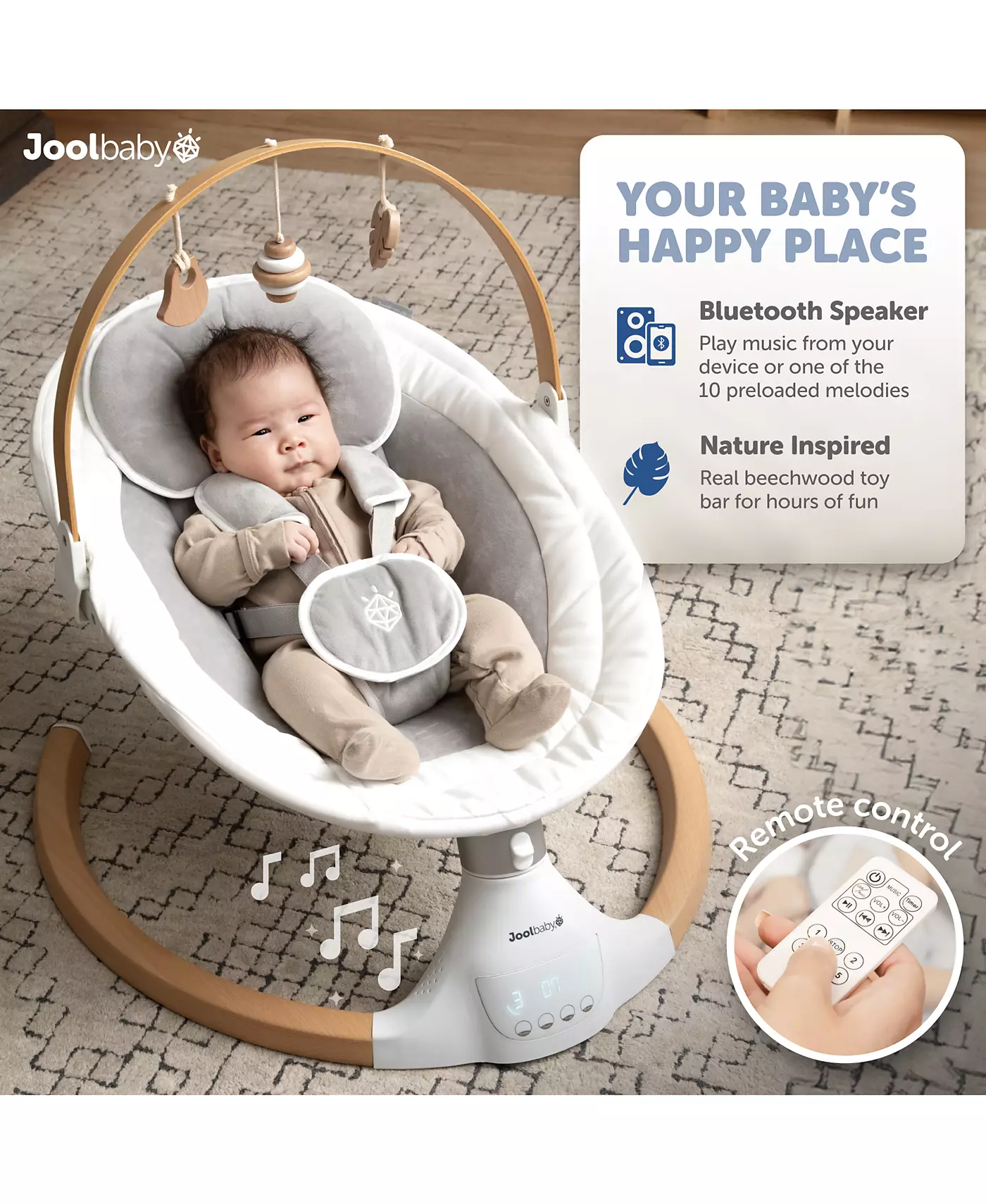 Детские качели Jool Baby Nova Nature для новорожденных – игрушки из натурального дерева, электрические моторизованные детские качели, музыка по Bluetooth