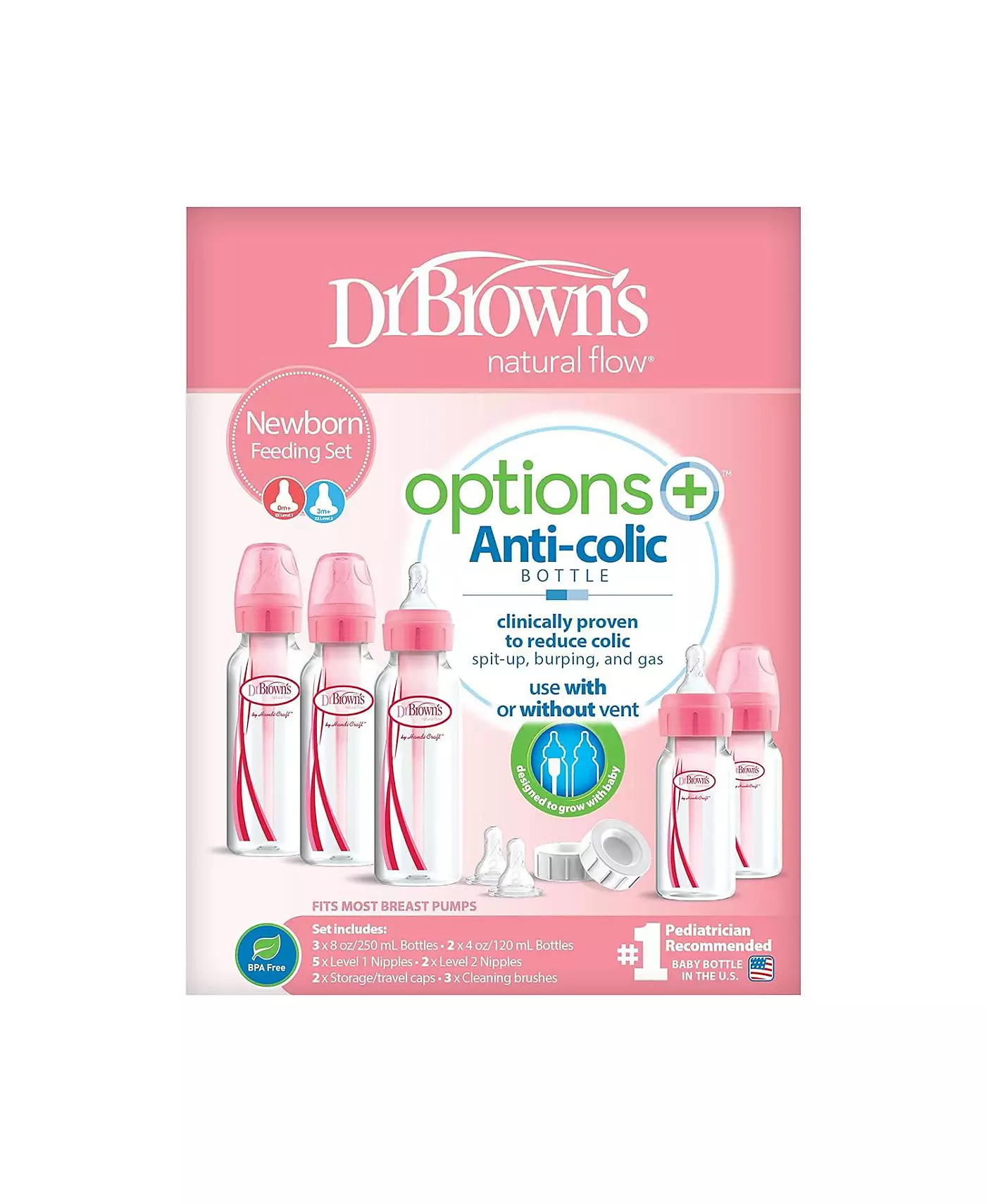 Dr. Browns Dr. Brown's 17 предметов Anti-Colic Options+ Baby Bottle Набор для кормления новорожденных - Розовый