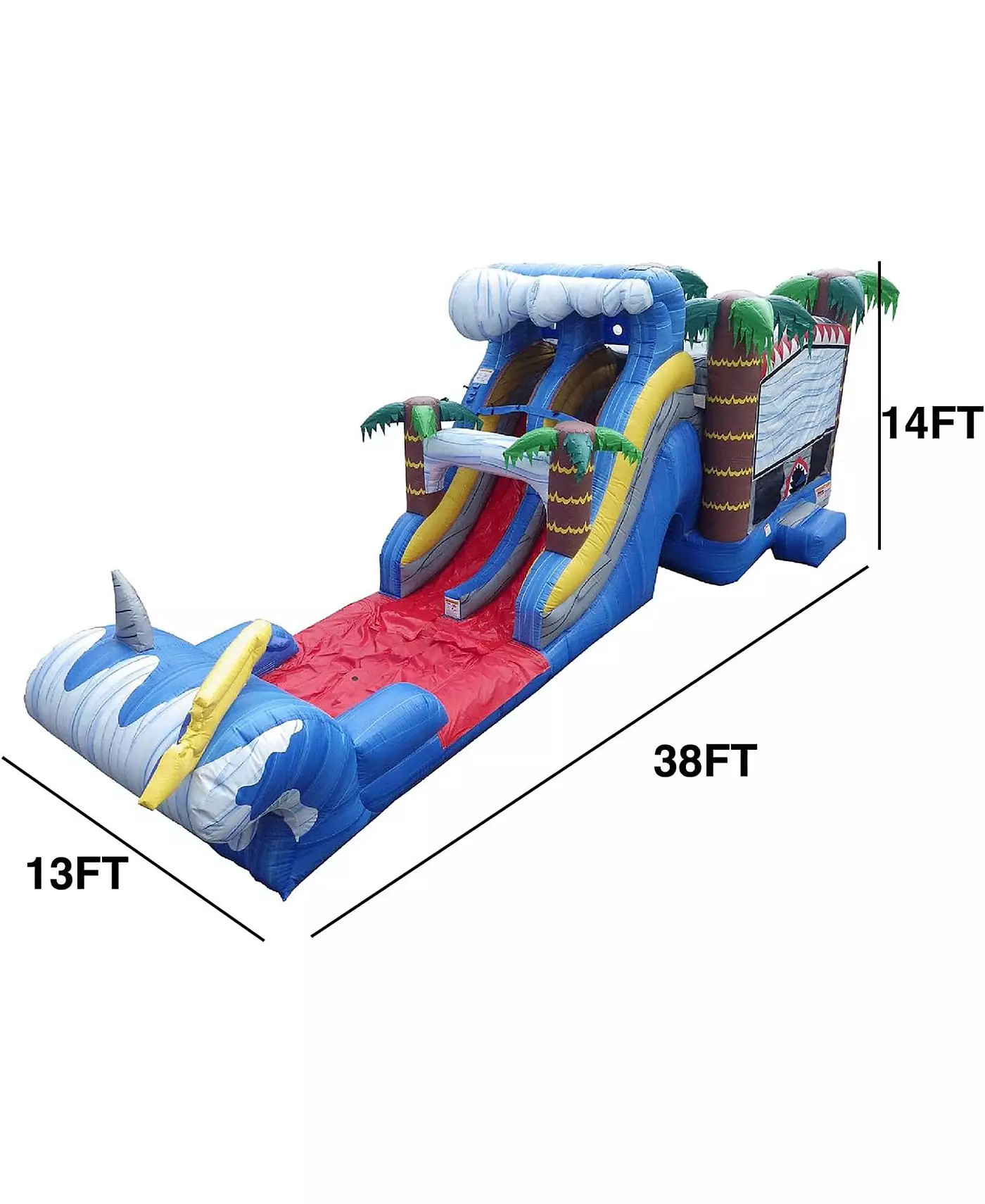 Jumporange Shark Коммерческий батут Водная горка с бассейном (с нагнетателем), для детей и взрослых, влажный/сухой комбинированный, баскетбольное кольцо, всплывающие препятствия, стена для скалолазания, надувной, летний