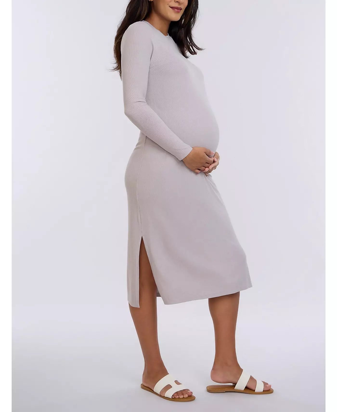 Платье для беременных с круглым вырезом, ребристым трикотажем и длинными рукавами - Motherhood
