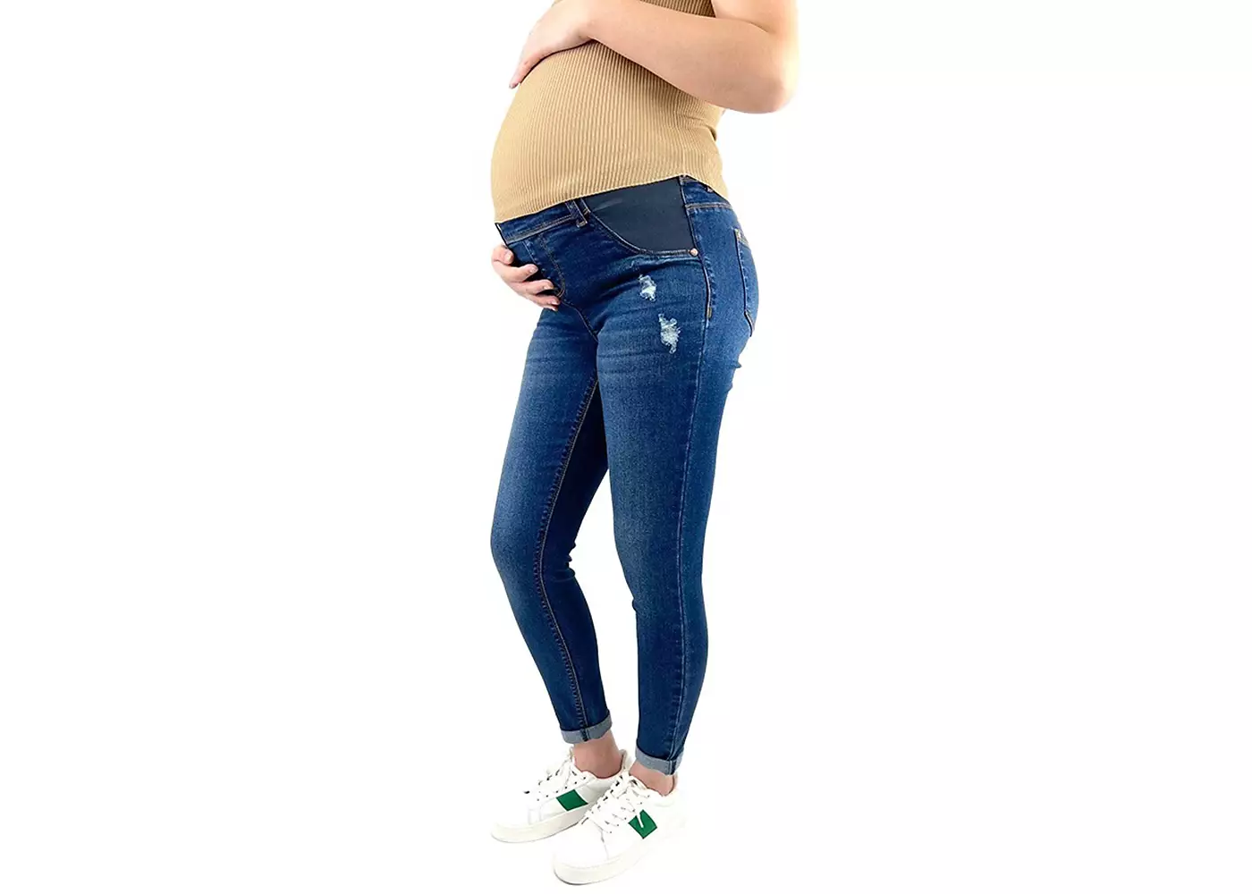 Джинсы-скинни для беременных цвета индиго и мака с эффектом потертости